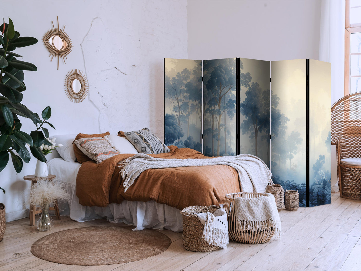 Room Divider - Landscape With Trees in Illustration Style. Fairy Blue Forest