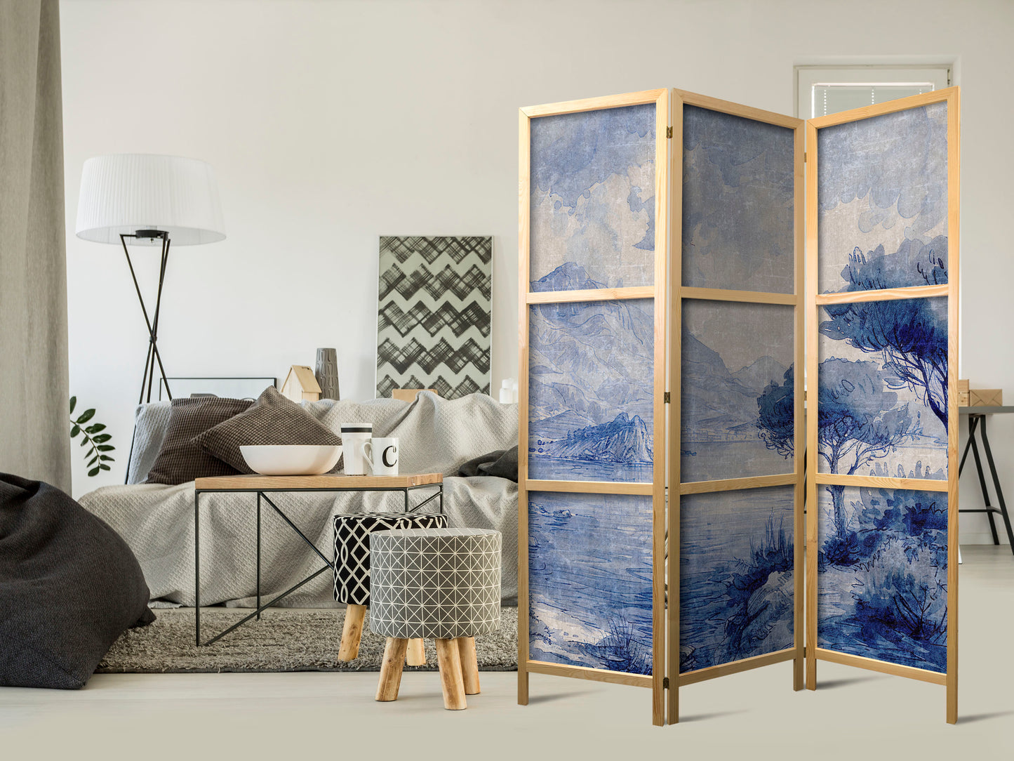 Japanese Room Divider - Italian Landscape - Lake Como Painted in Shades of Blue
