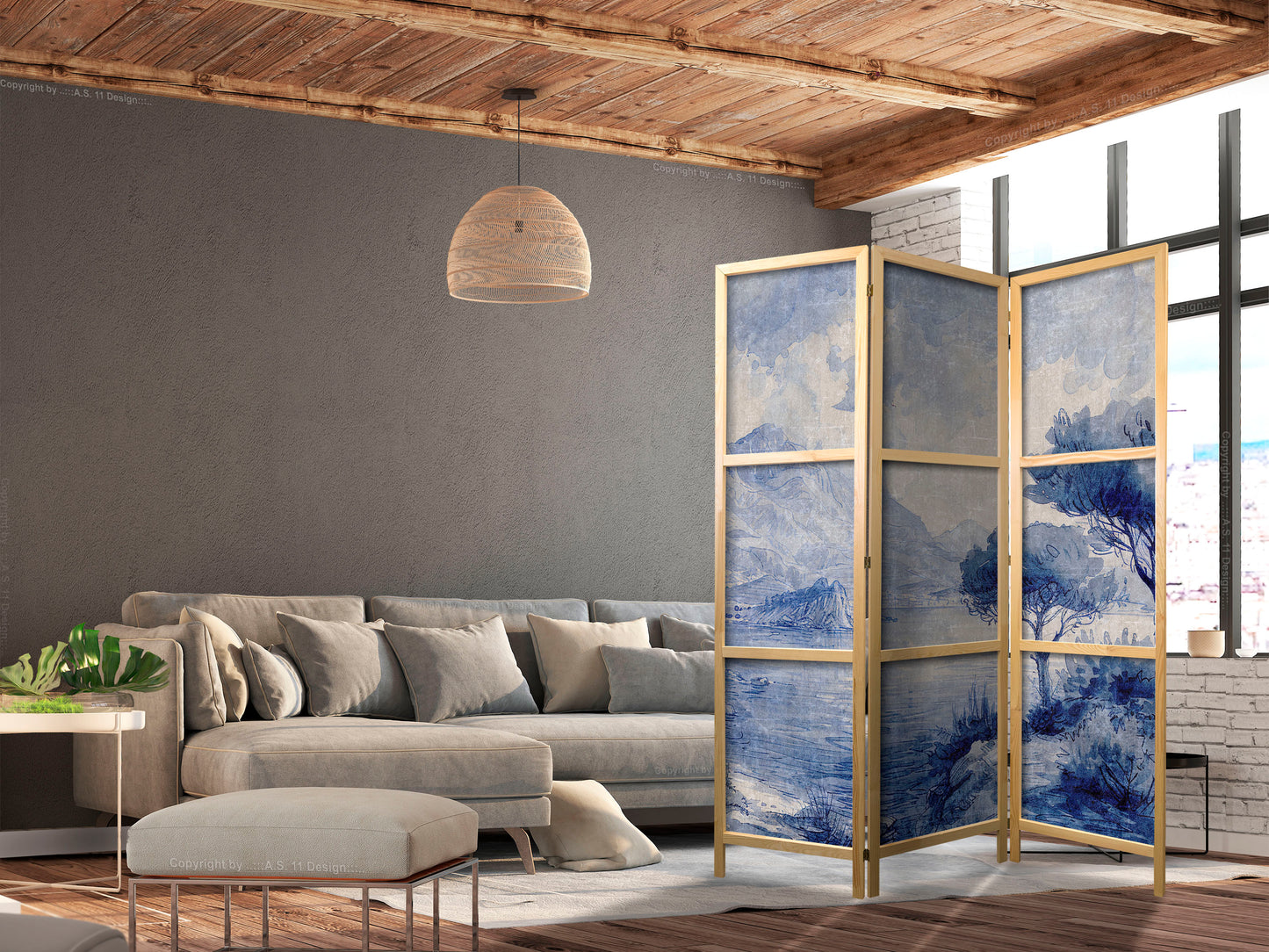 Japanese Room Divider - Italian Landscape - Lake Como Painted in Shades of Blue