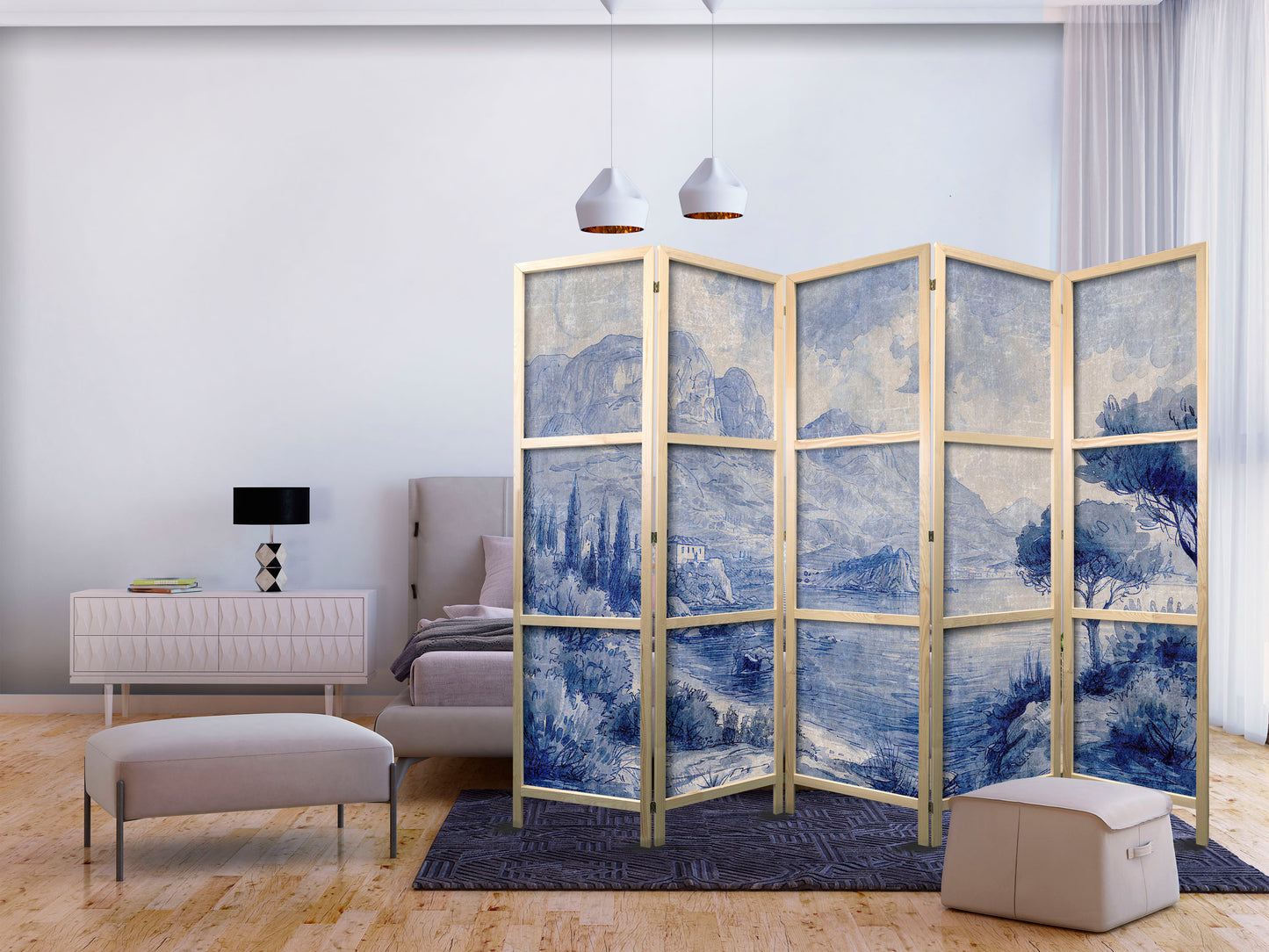 Japanese Room Divider - Italian Landscape - Lake Como Painted in Shades of Blue