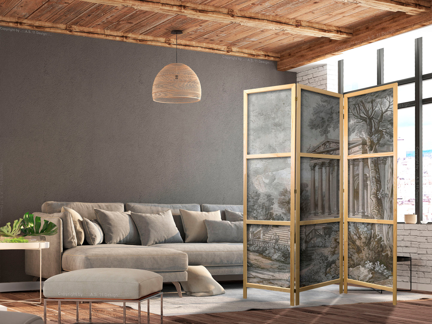 Japanese Room Divider - Antique Landscape - Greek Temple on a Hill Among Lush Vegetation
