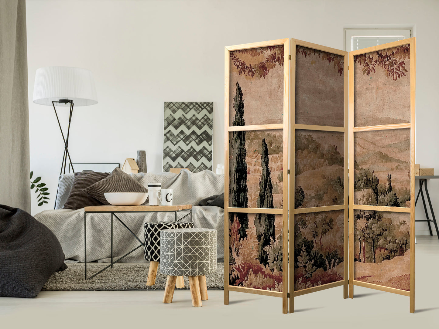 Japanese Room Divider - Landscape with Cypresses - Old Tapestry with Mediterranean Vegetation