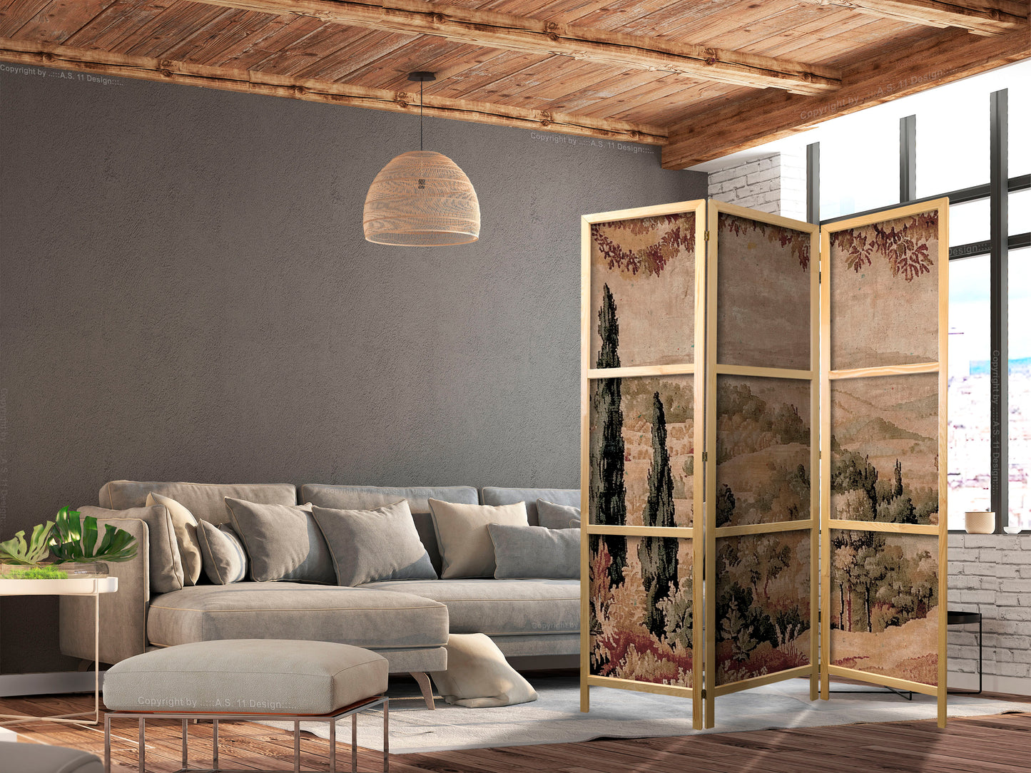 Japanese Room Divider - Landscape with Cypresses - Old Tapestry with Mediterranean Vegetation