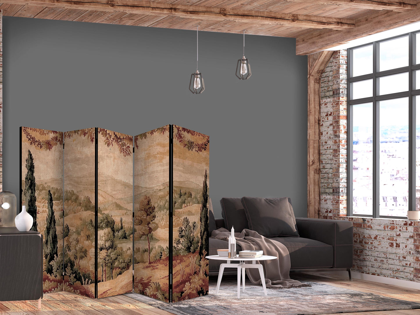 Room Divider - Landscape with Cypresses - Old Tapestry with Mediterranean Vegetation