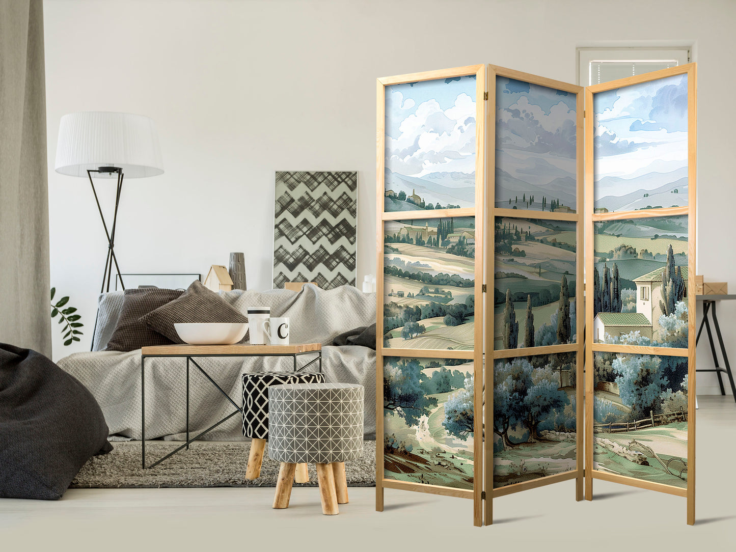 Japanese Room Divider - Landscape with Green Fields and Trees - Tuscan sunny view.