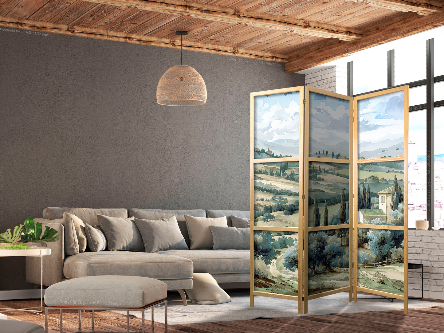 Japanese Room Divider - Landscape with Green Fields and Trees - Tuscan sunny view.