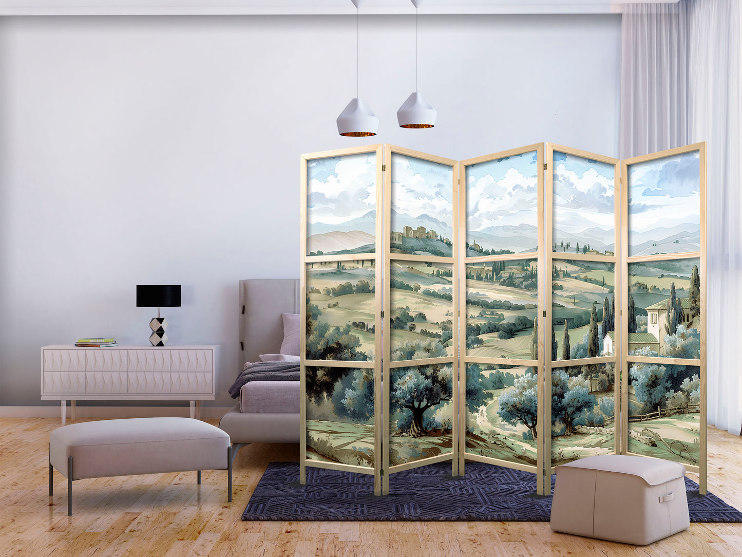 Japanese Room Divider - Landscape with Green Fields and Trees - Tuscan sunny view.