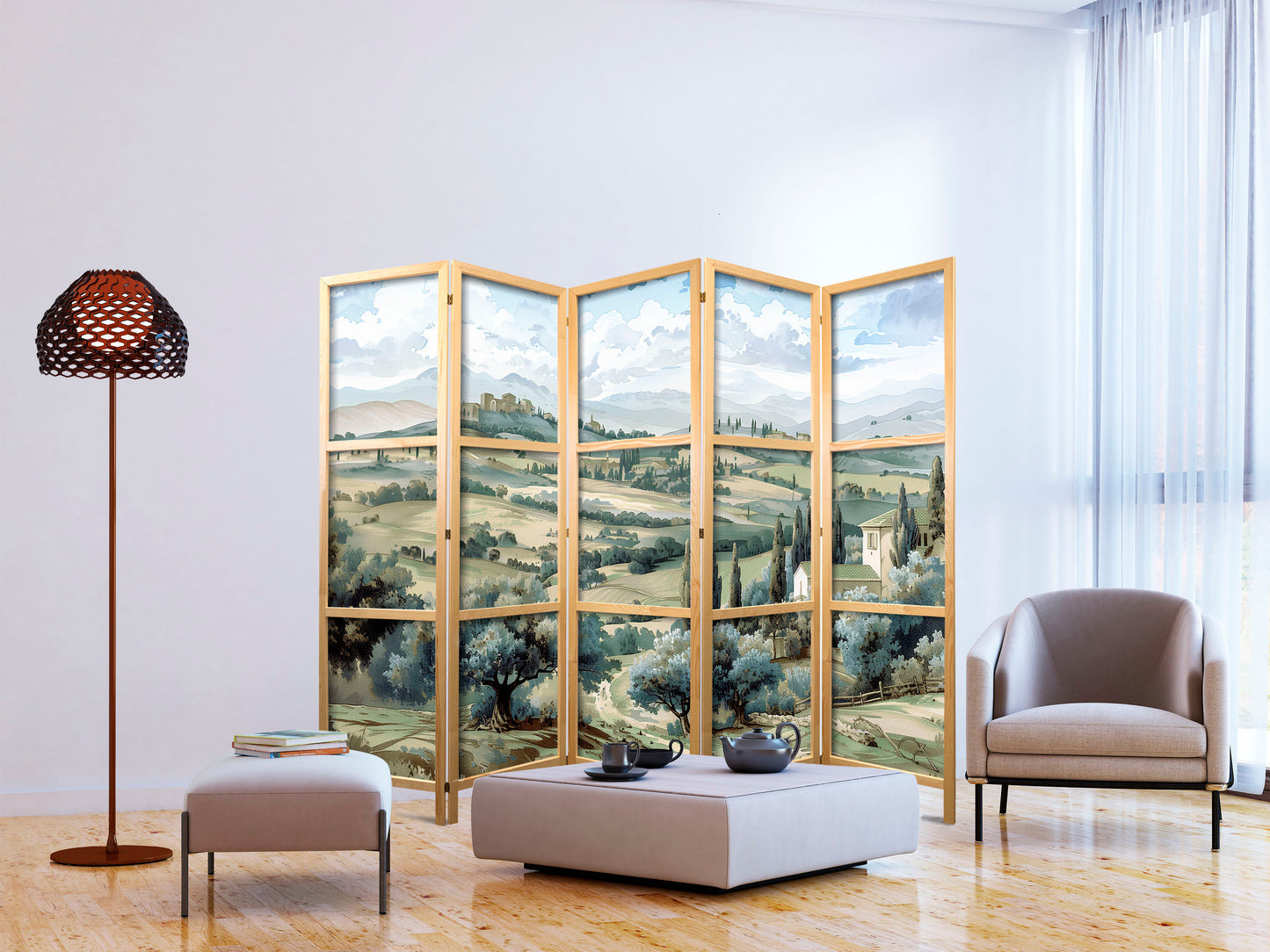 Japanese Room Divider - Landscape with Green Fields and Trees - Tuscan sunny view.