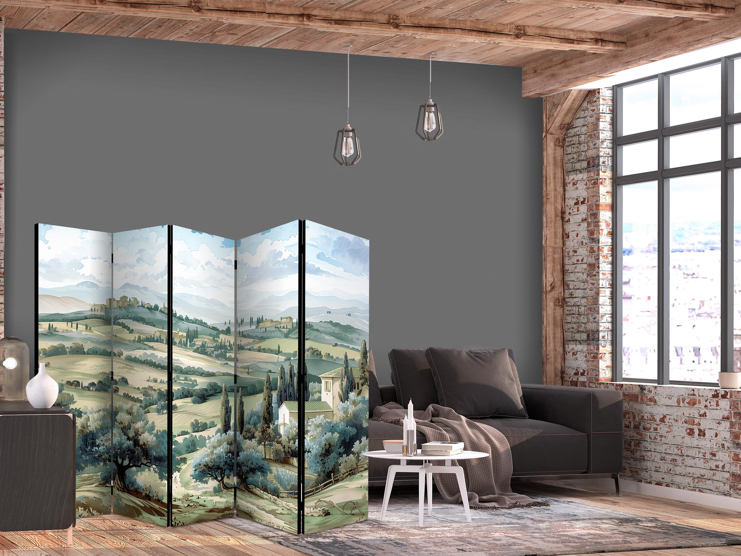 Room Divider - Landscape with Green Fields and Trees - Tuscan Sunny View