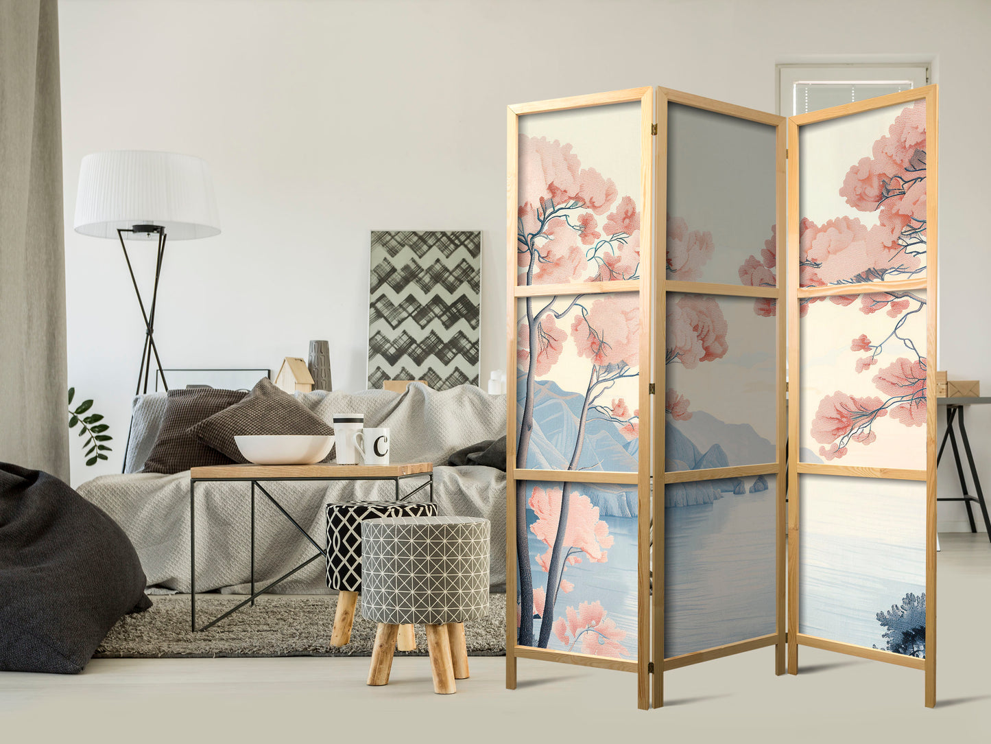 Japanese Room Divider - Landscape with the Ocean - Cliffs - and Trees in Delicate Pink Shades.