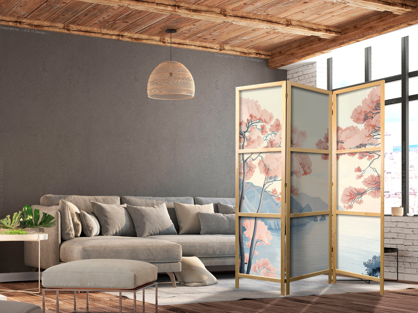 Japanese Room Divider - Landscape with the Ocean - Cliffs - and Trees in Delicate Pink Shades.