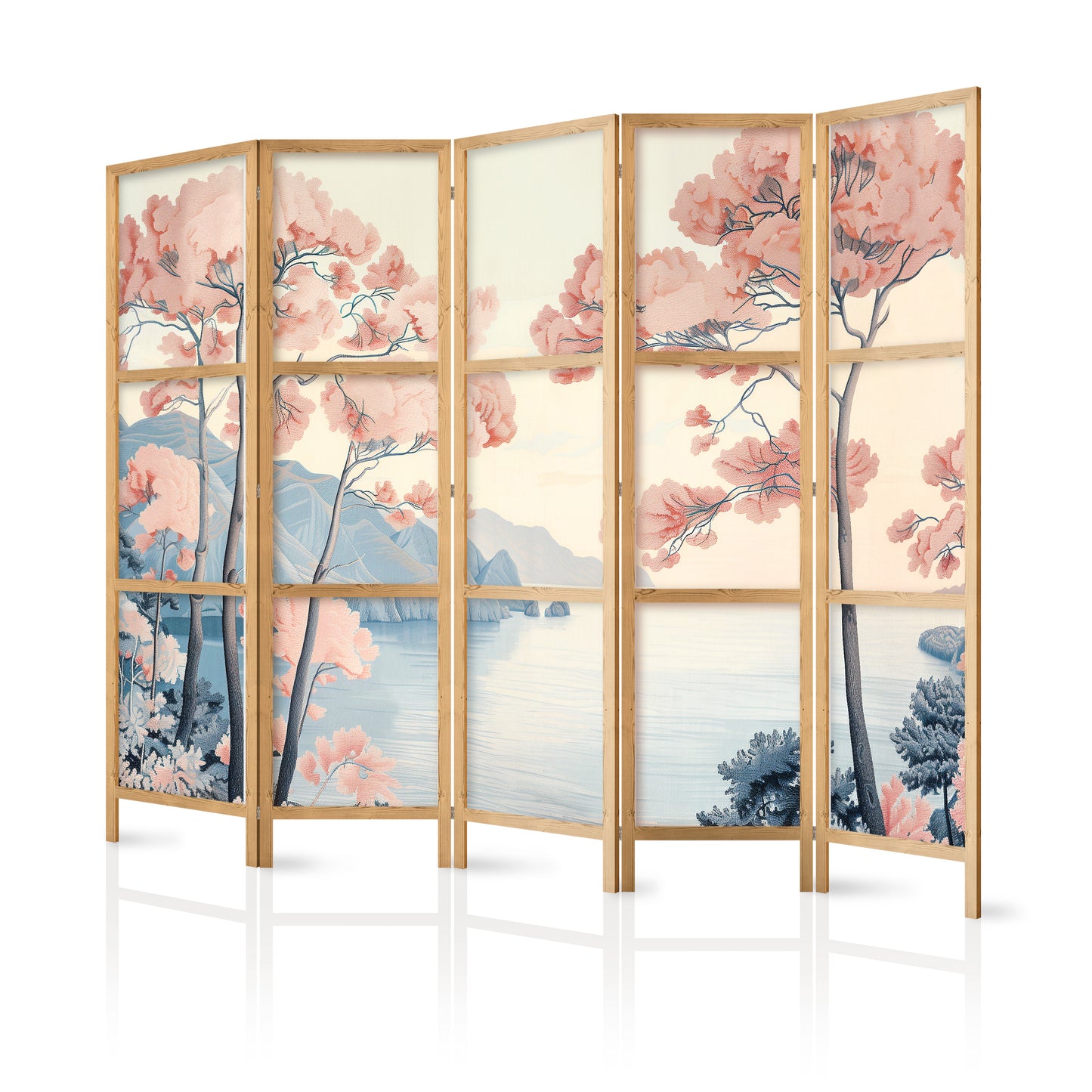 Japanese Room Divider - Landscape with the Ocean - Cliffs - and Trees in Delicate Pink Shades.