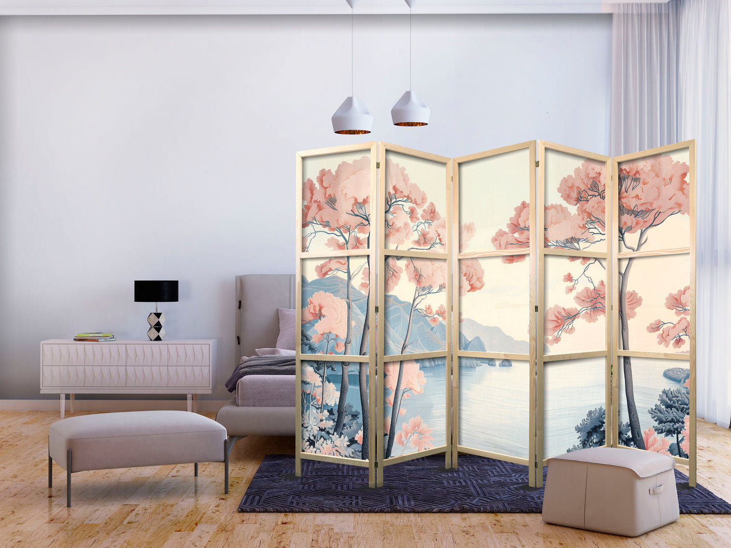 Japanese Room Divider - Landscape with the Ocean - Cliffs - and Trees in Delicate Pink Shades.