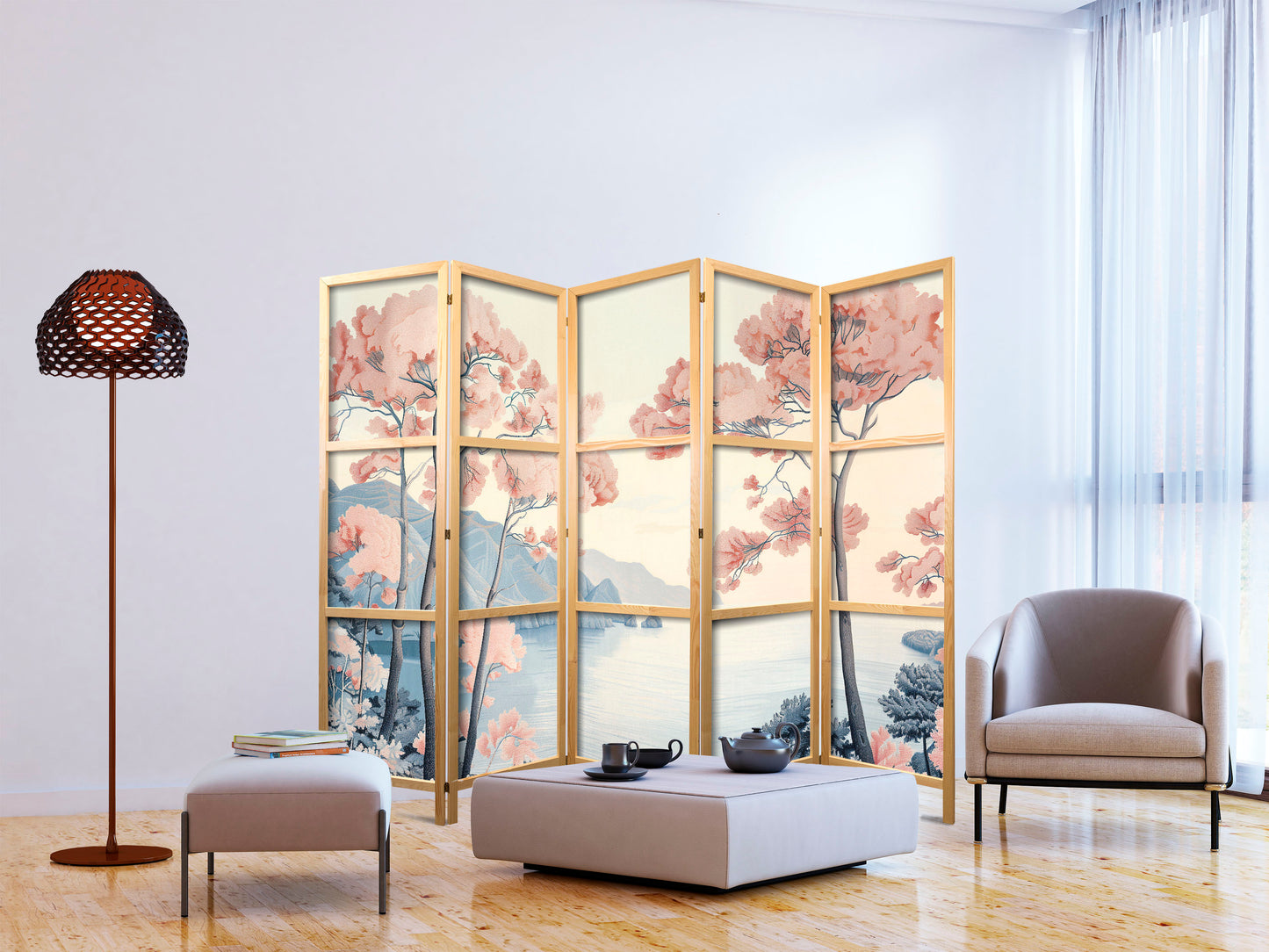 Japanese Room Divider - Landscape with the Ocean - Cliffs - and Trees in Delicate Pink Shades.
