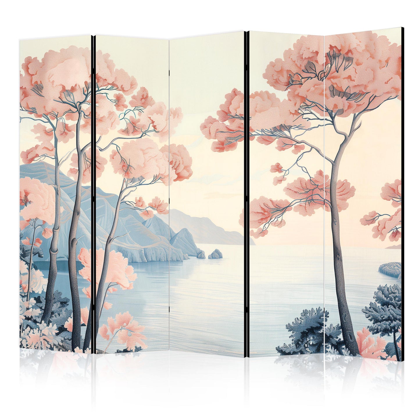 Room Divider - Landscape with the Ocean - Cliffs - and Trees in Delicate Pink Shades