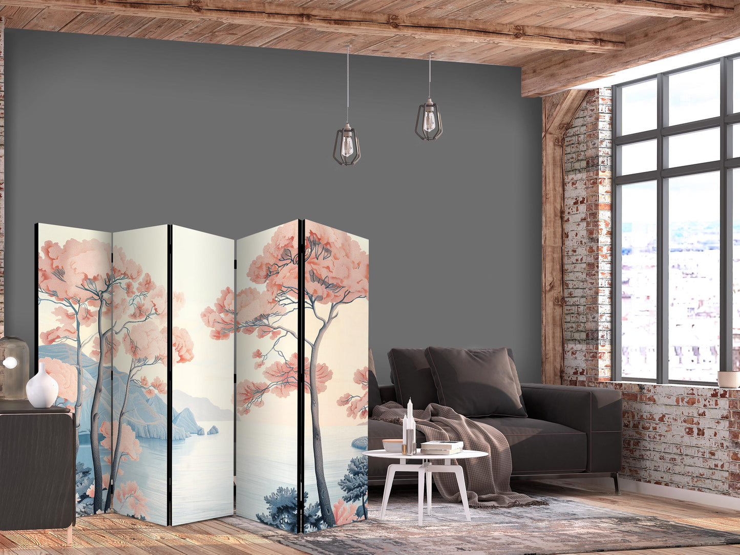Room Divider - Landscape with the Ocean - Cliffs - and Trees in Delicate Pink Shades