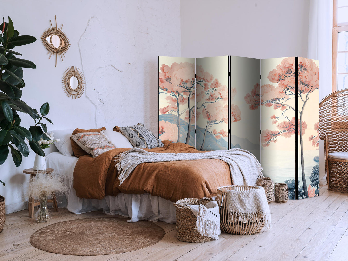 Room Divider - Landscape with the Ocean - Cliffs - and Trees in Delicate Pink Shades