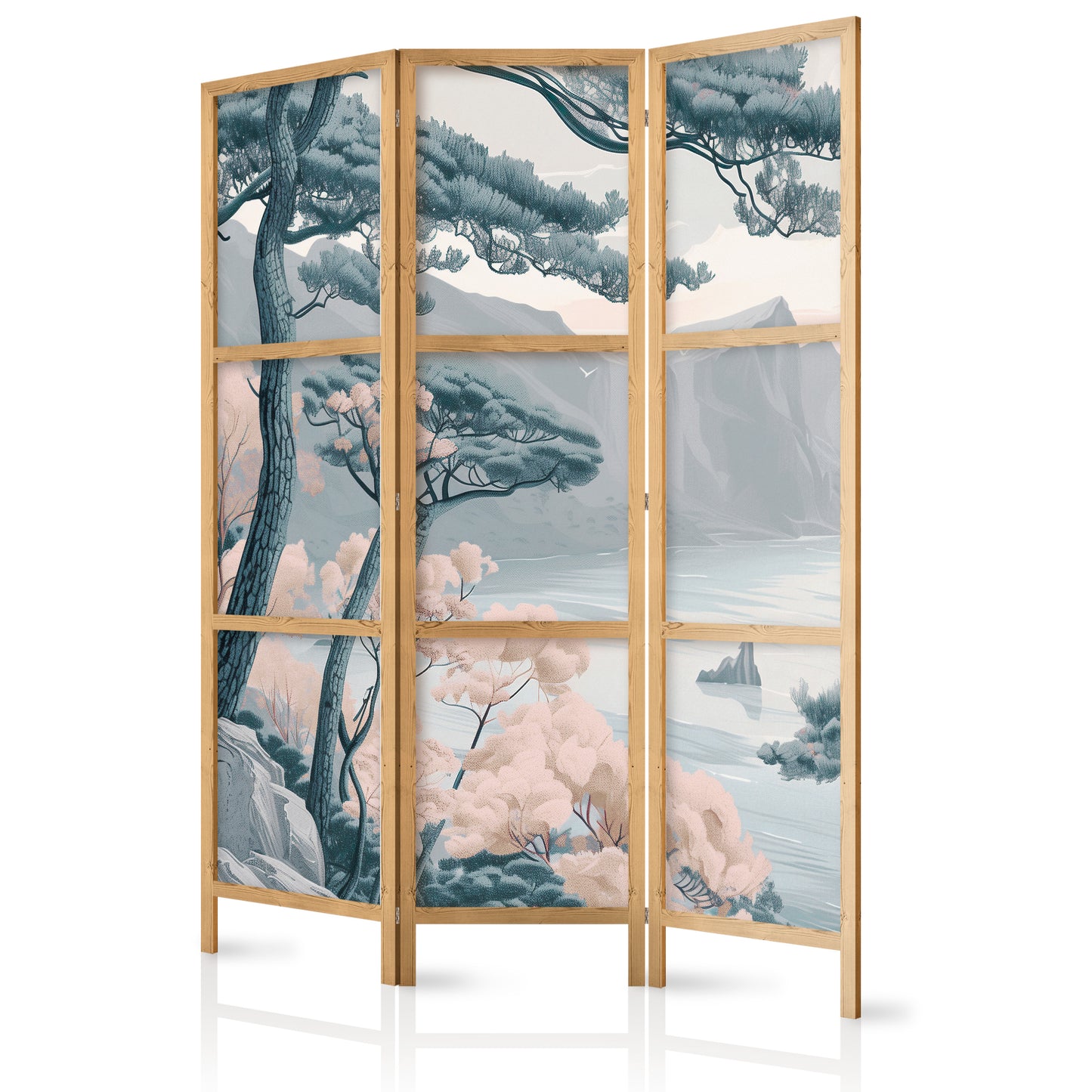 Japanese Room Divider - Mountainous Coastline with Trees and Rocks in Light Pastel Blues.