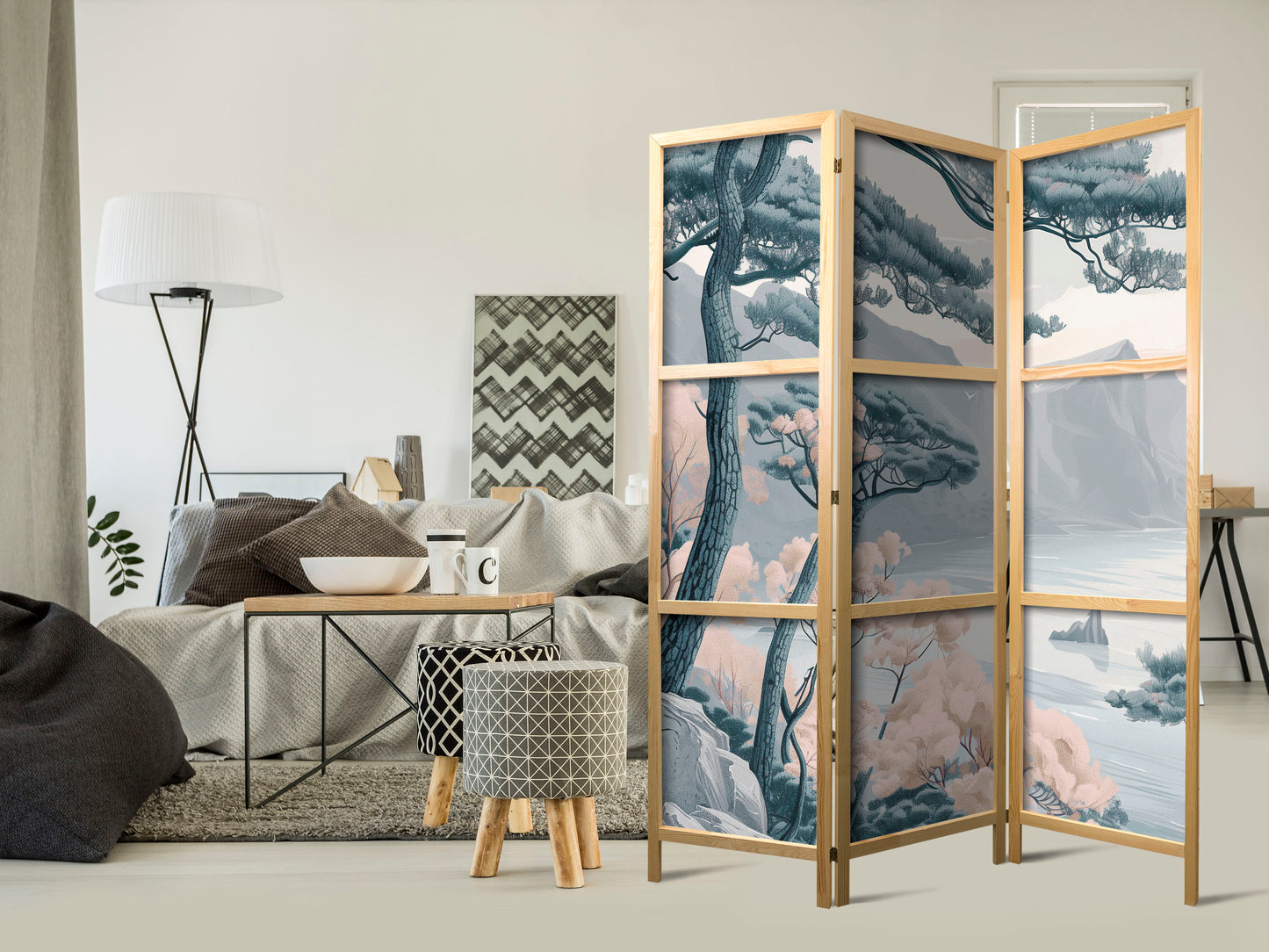 Japanese Room Divider - Mountainous Coastline with Trees and Rocks in Light Pastel Blues.