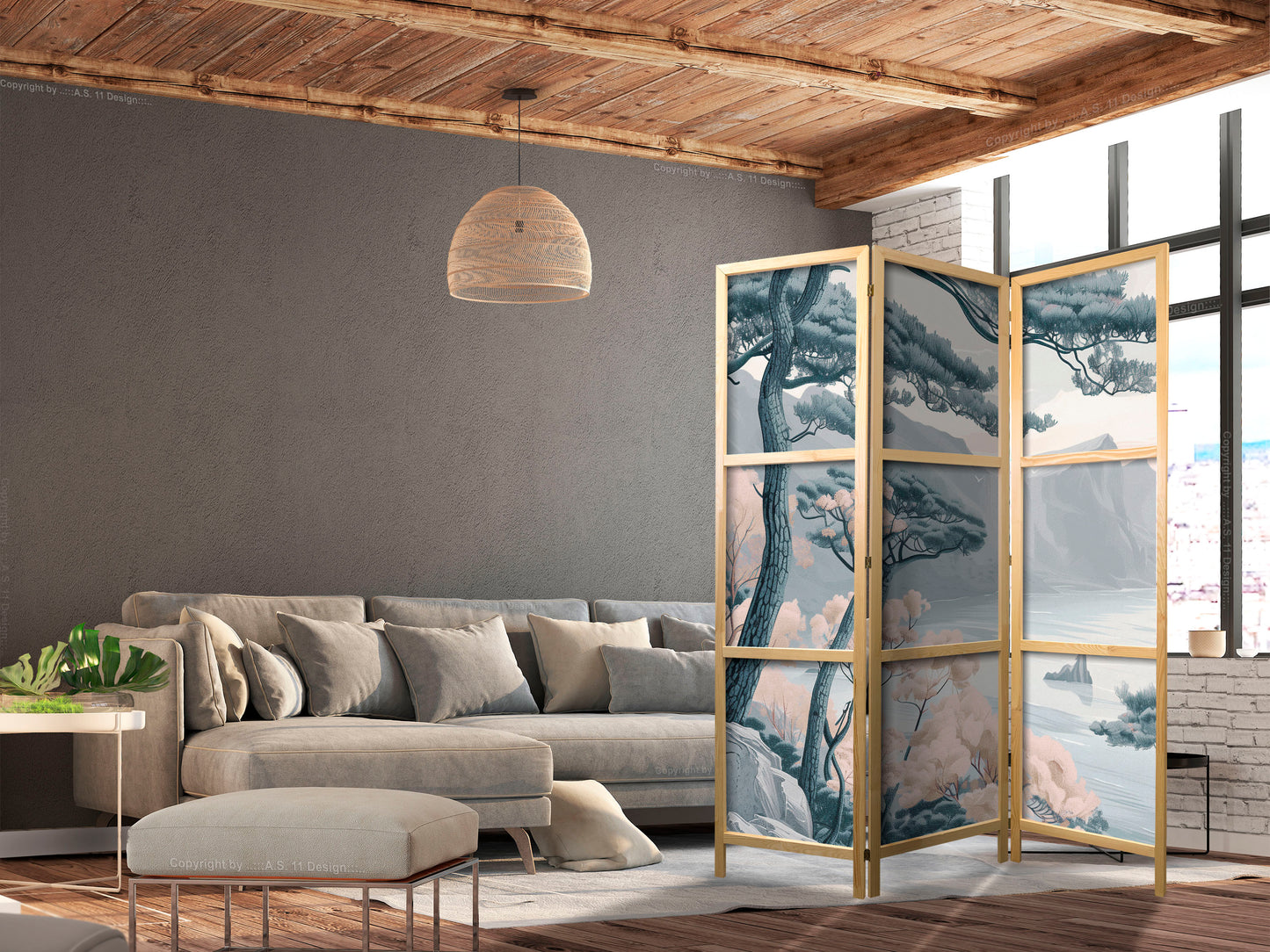 Japanese Room Divider - Mountainous Coastline with Trees and Rocks in Light Pastel Blues.