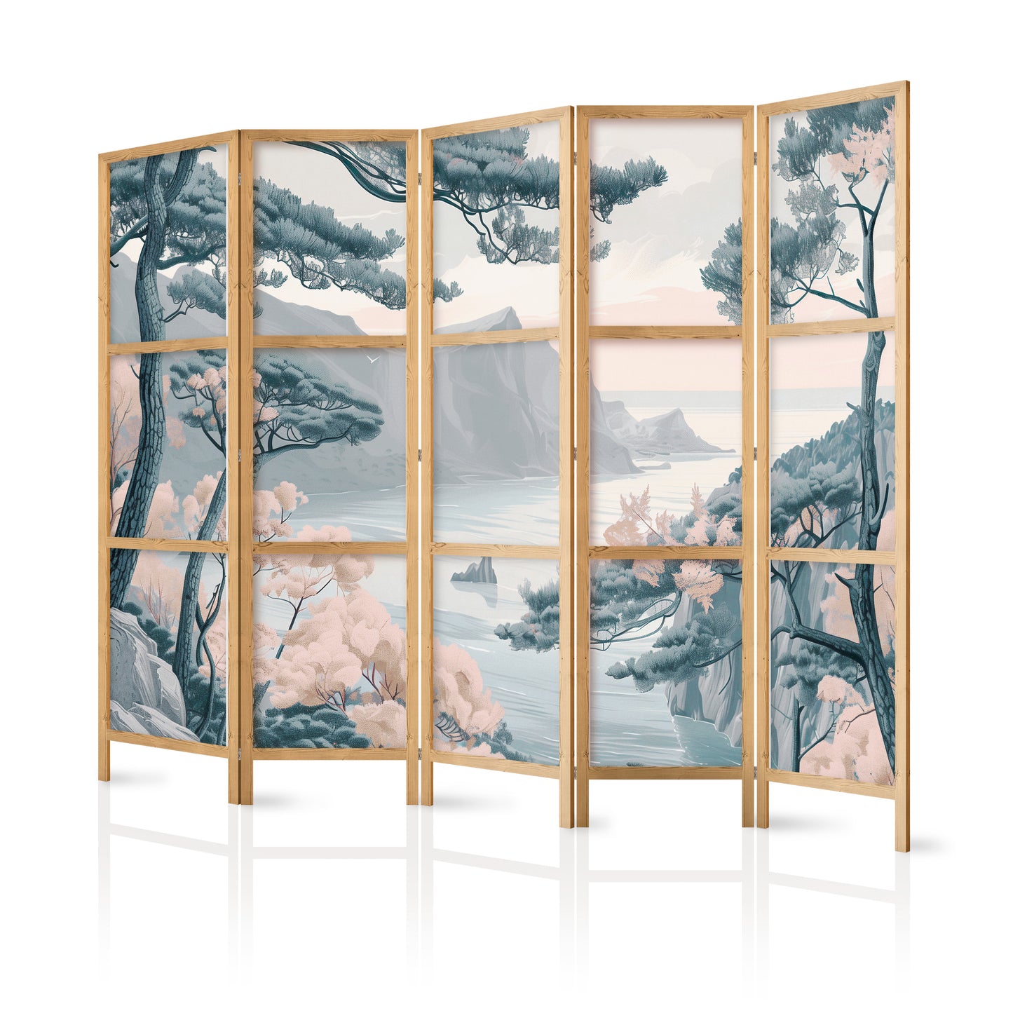 Japanese Room Divider - Mountainous Coastline with Trees and Rocks in Light Pastel Blues.