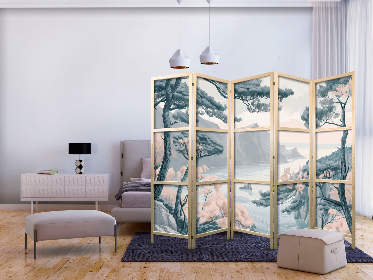 Japanese Room Divider - Mountainous Coastline with Trees and Rocks in Light Pastel Blues.