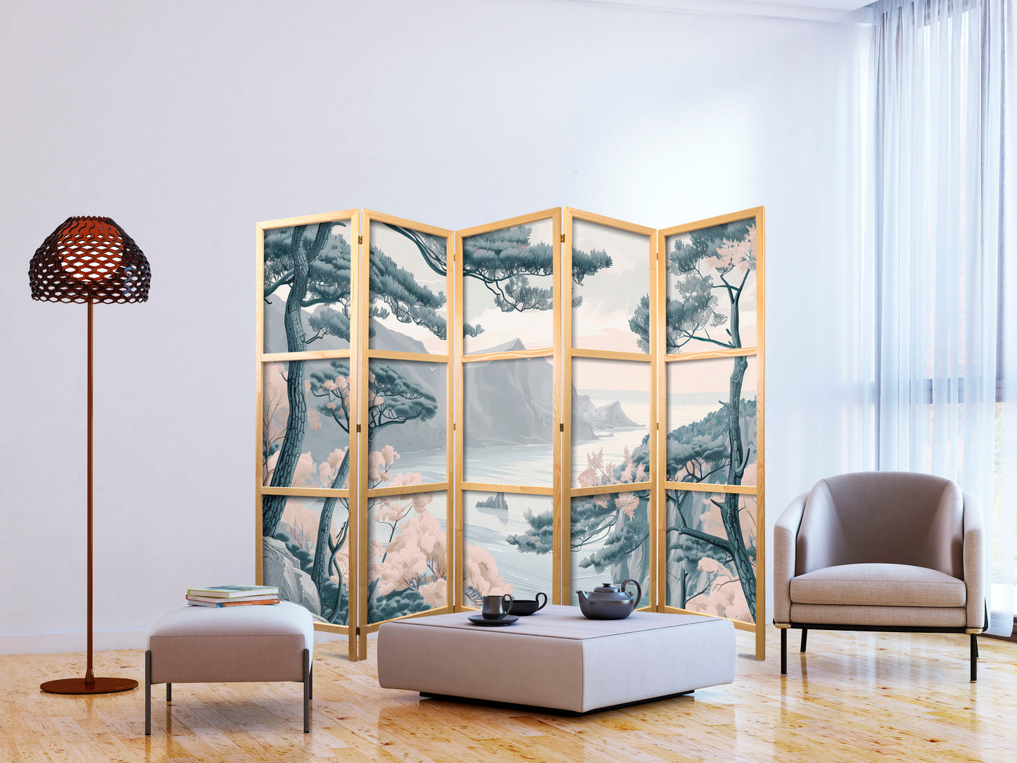 Japanese Room Divider - Mountainous Coastline with Trees and Rocks in Light Pastel Blues.