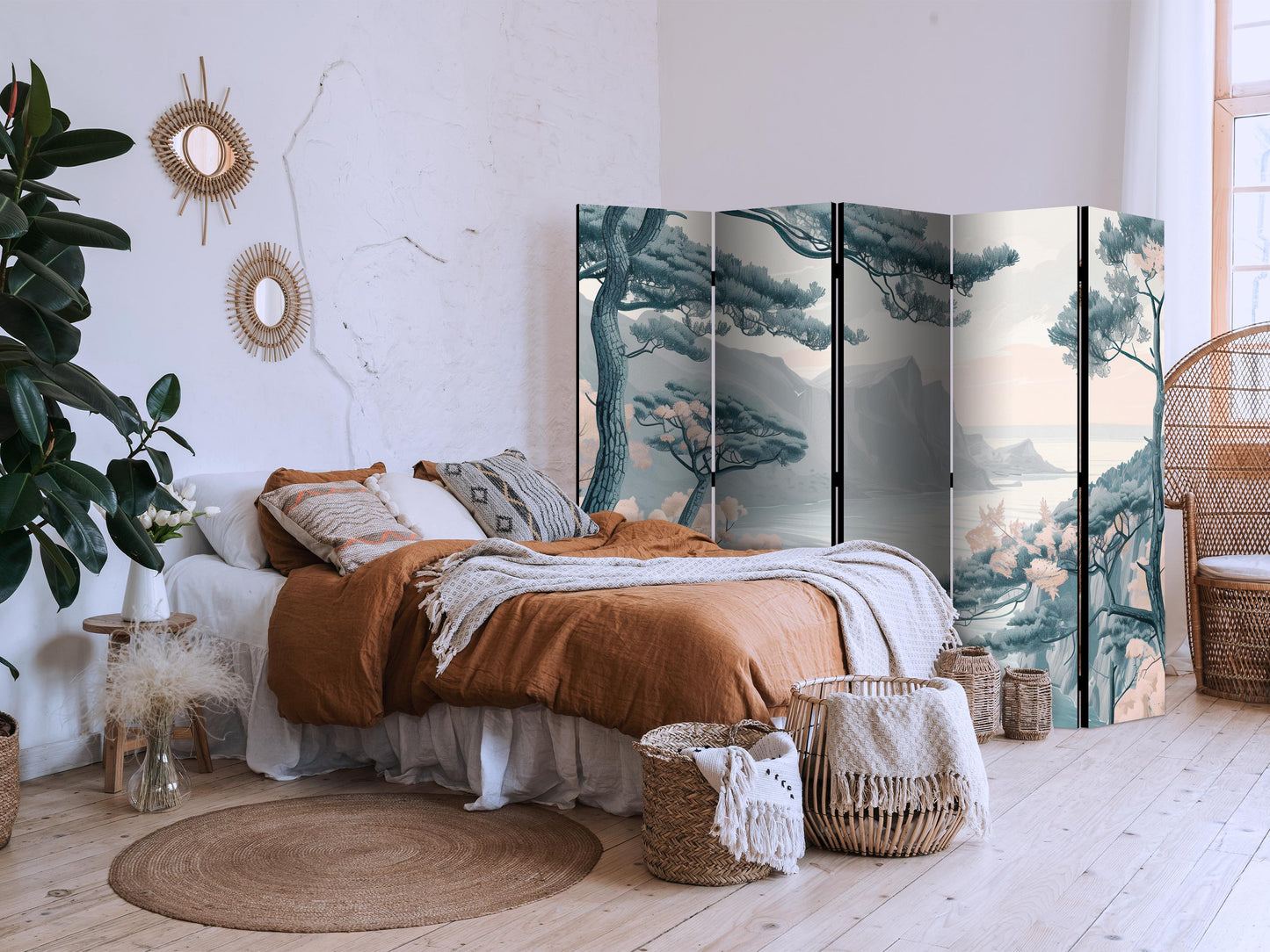 Room Divider - Mountainous Coast with Trees and Rocks - in Light Pastel Blues