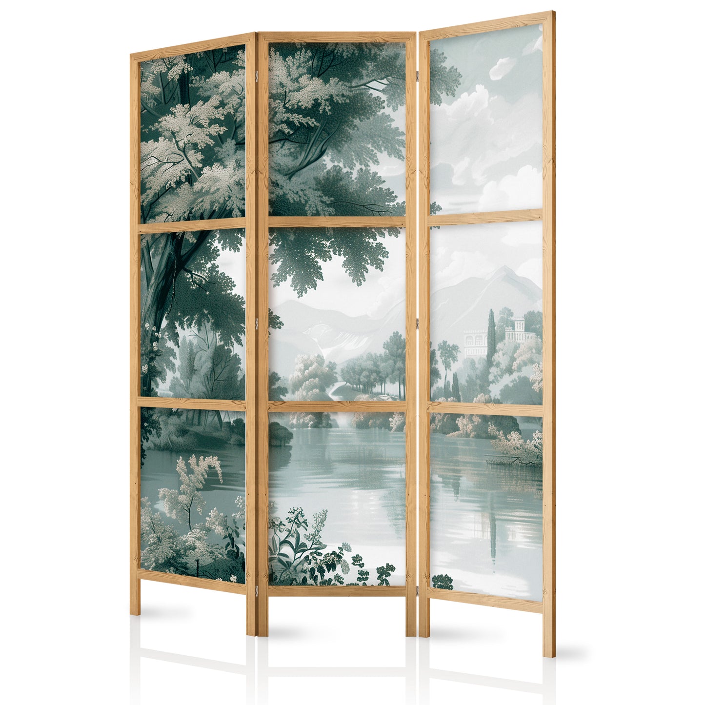 Japanese Room Divider - View of the Park and Lake - Retro Vintage Landscape in Greens.
