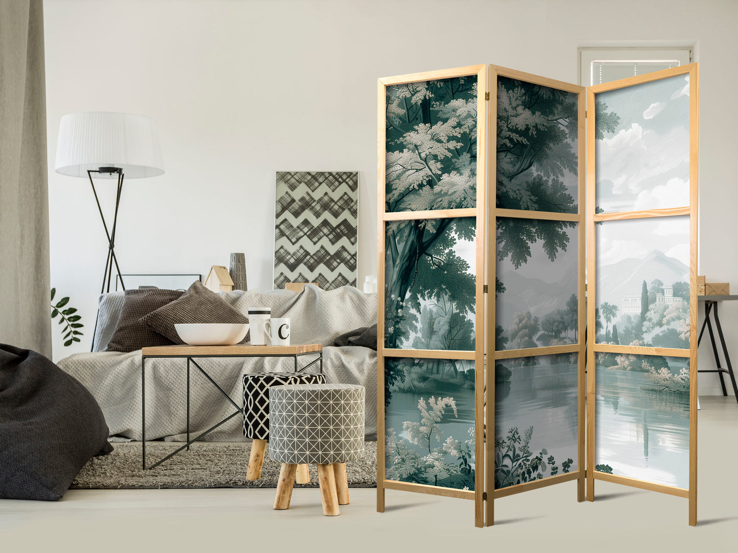 Japanese Room Divider - View of the Park and Lake - Retro Vintage Landscape in Greens.