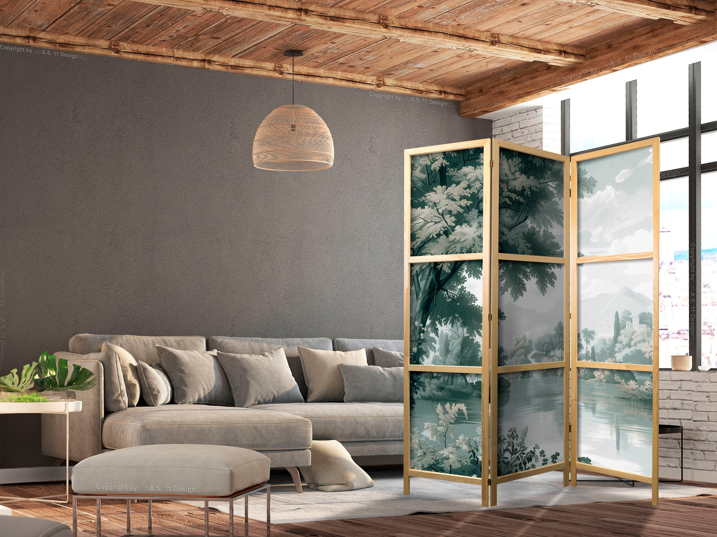 Japanese Room Divider - View of the Park and Lake - Retro Vintage Landscape in Greens.