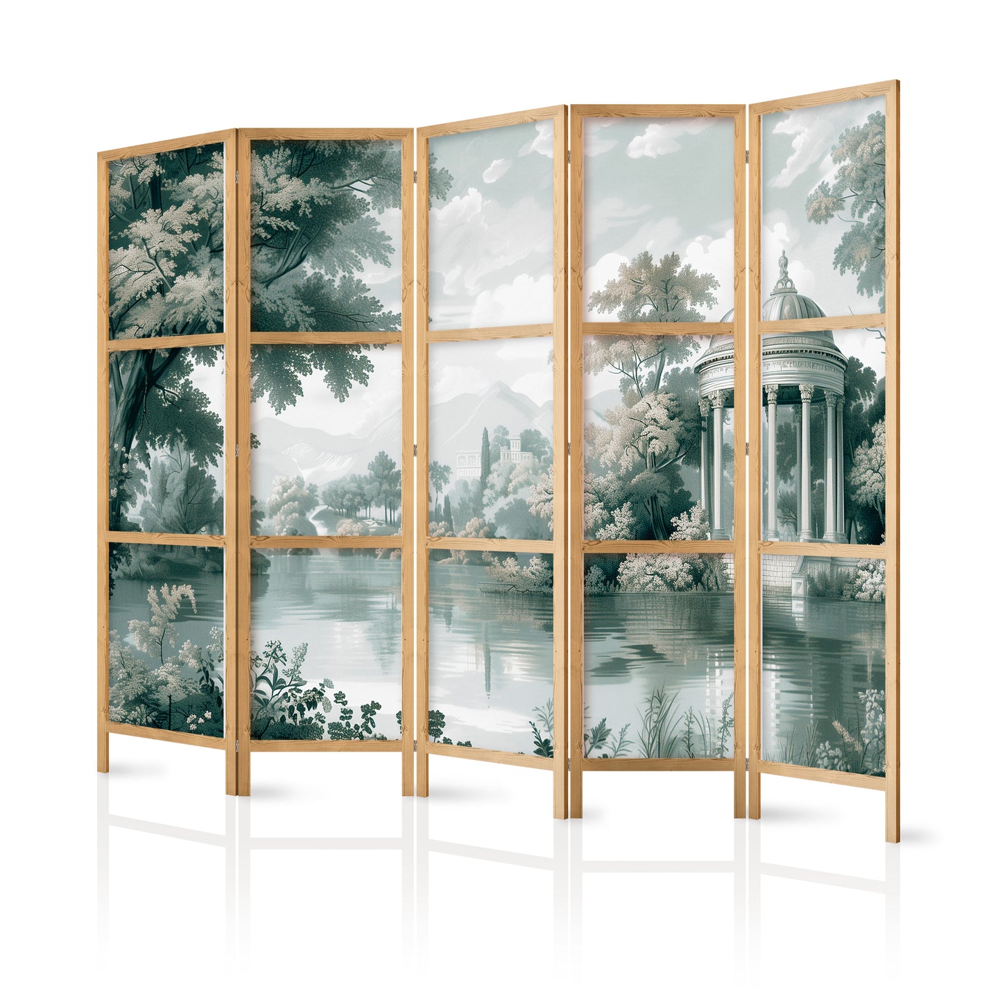 Japanese Room Divider - View of the Park and Lake - Retro Vintage Landscape in Greens.