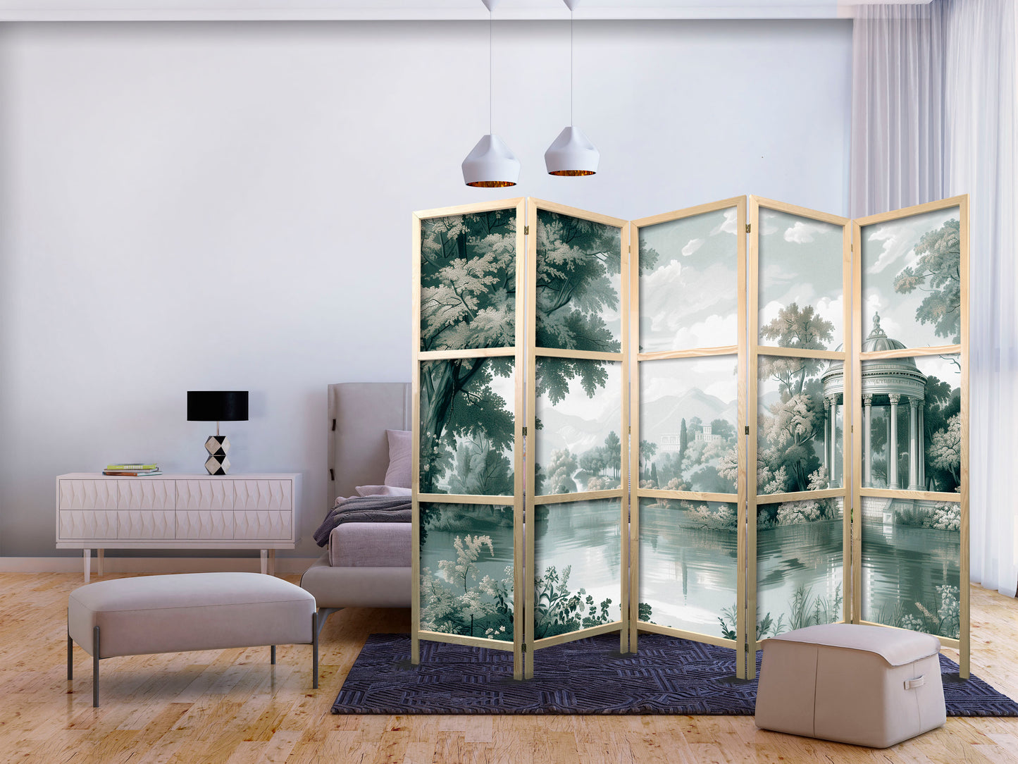 Japanese Room Divider - View of the Park and Lake - Retro Vintage Landscape in Greens.