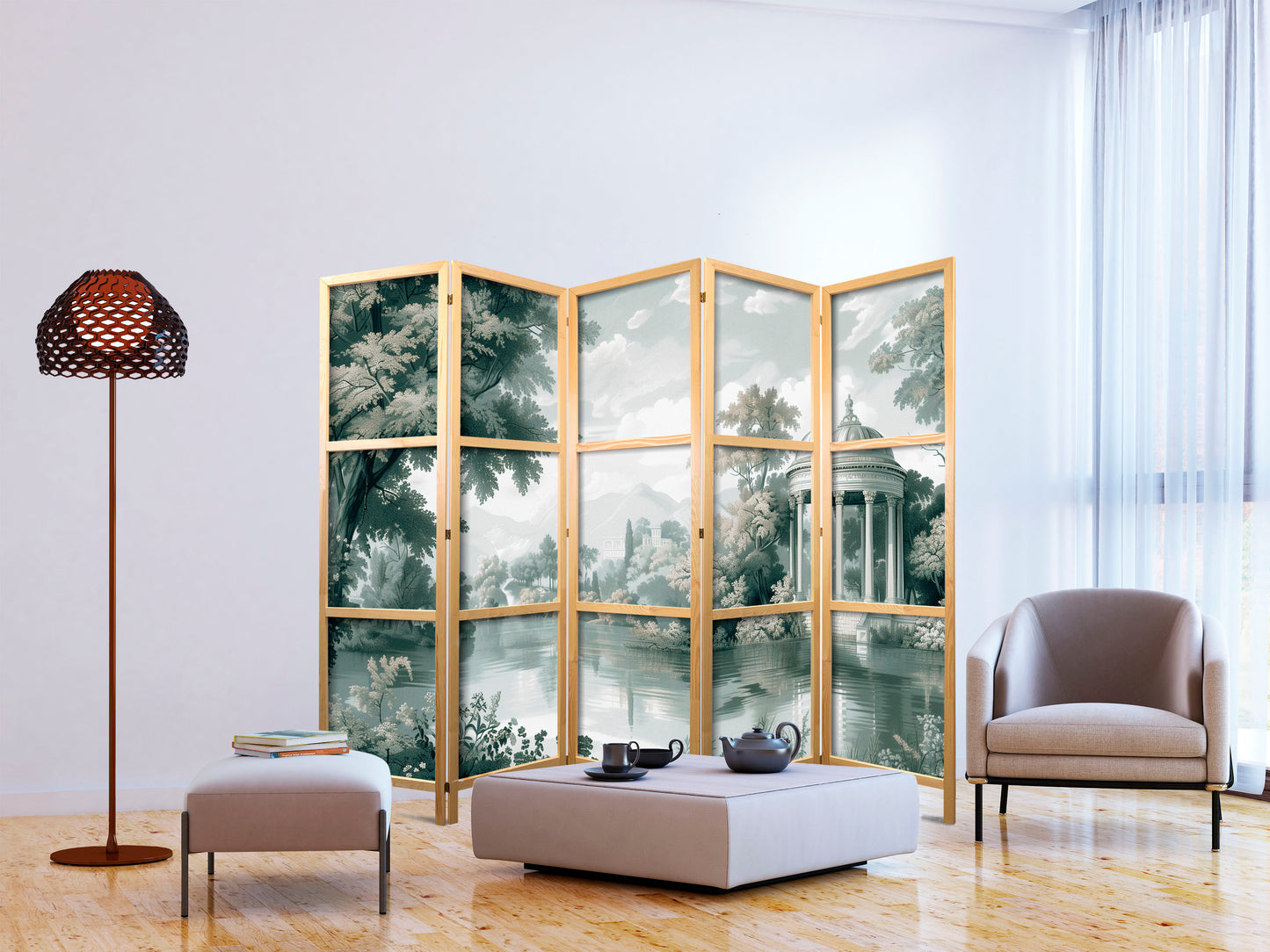 Japanese Room Divider - View of the Park and Lake - Retro Vintage Landscape in Greens.