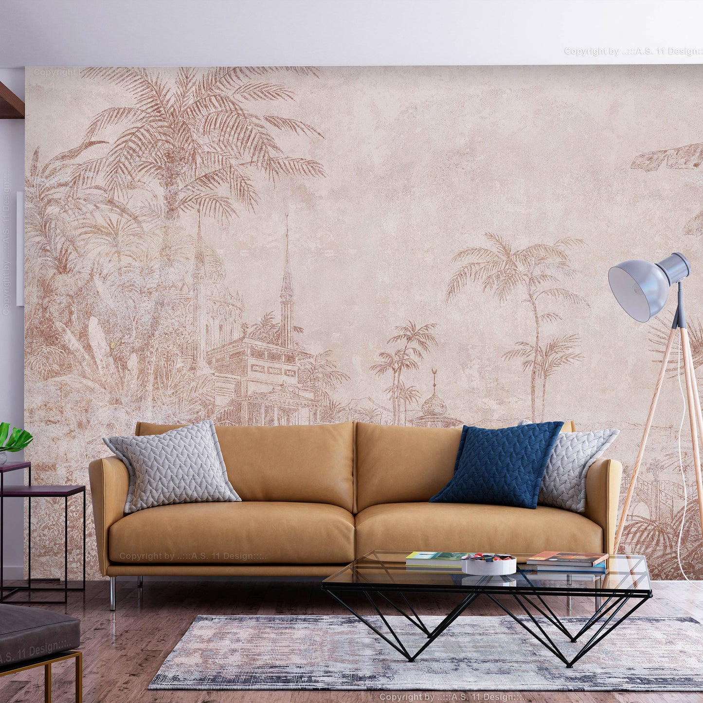 Wall Mural - Landscape with temple - engraving of Indian architecture with palm trees