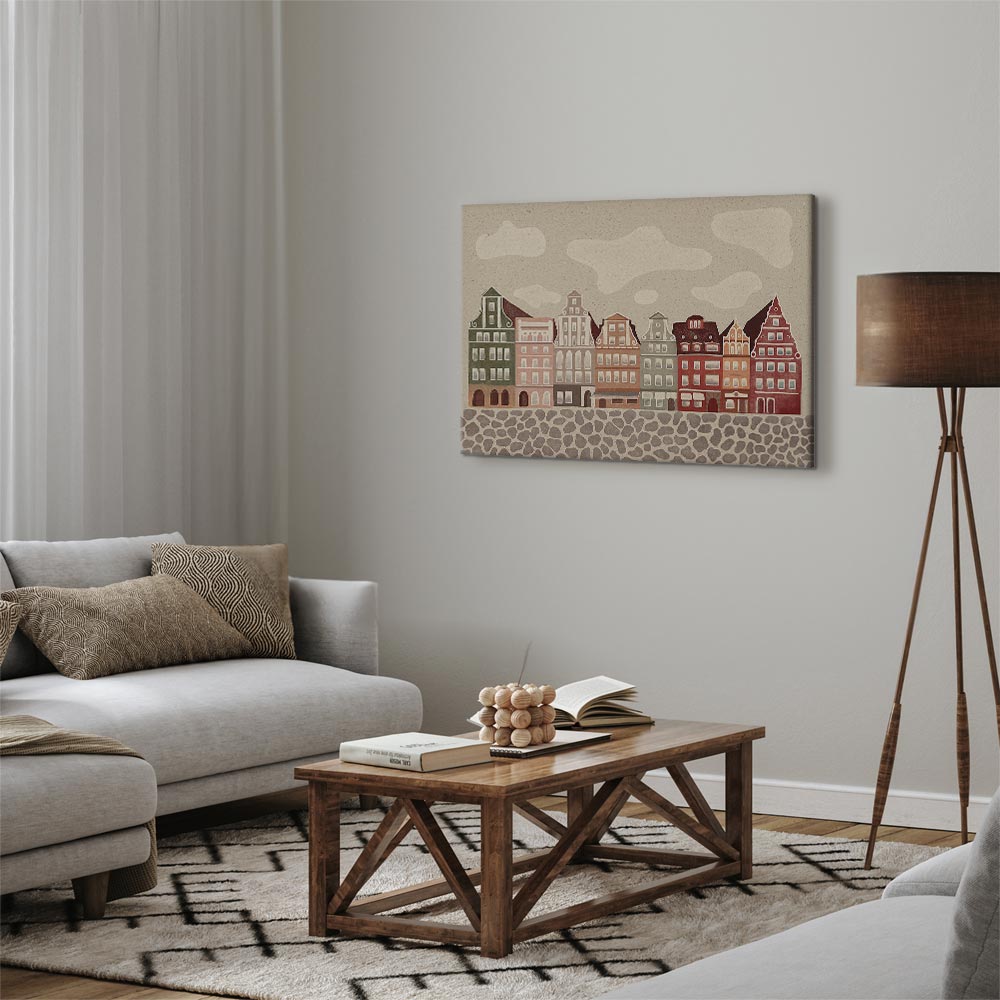Impresión en lienzo - Salt Square - Casas adosadas coloridas ilustradas sobre un fondo de cielo nublado