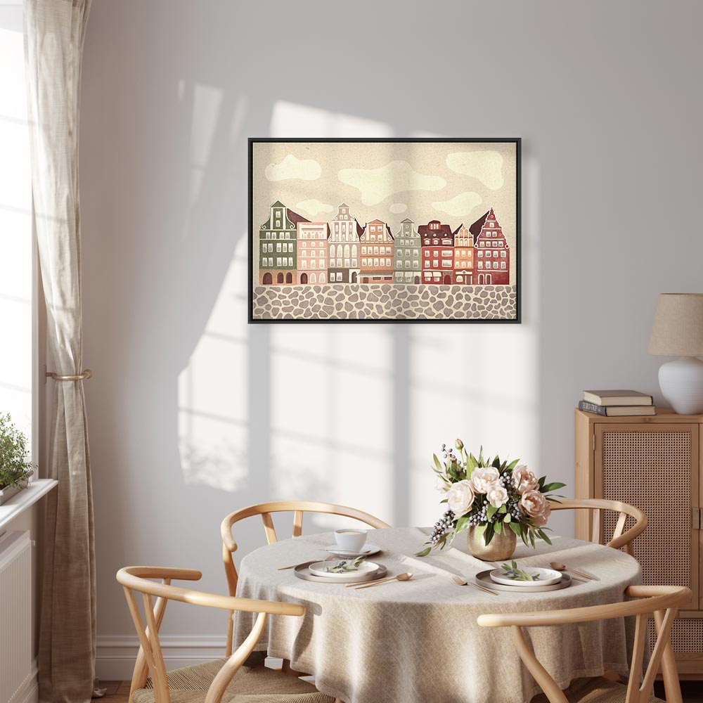 Impresión en lienzo - Salt Square - Casas adosadas coloridas ilustradas sobre un fondo de cielo nublado