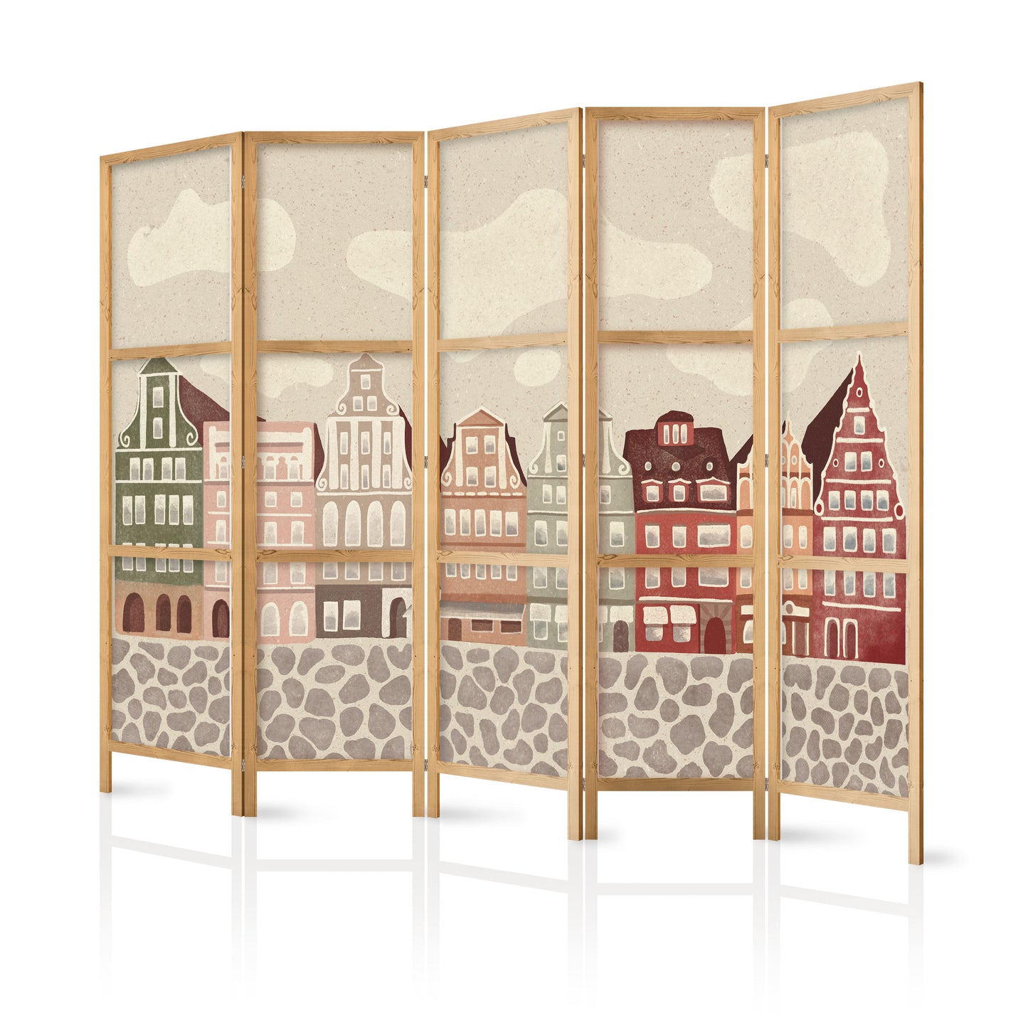 Biombo japonés - Plaza Solny - Casas adosadas ilustradas con colores vivos contra un cielo con nubes.