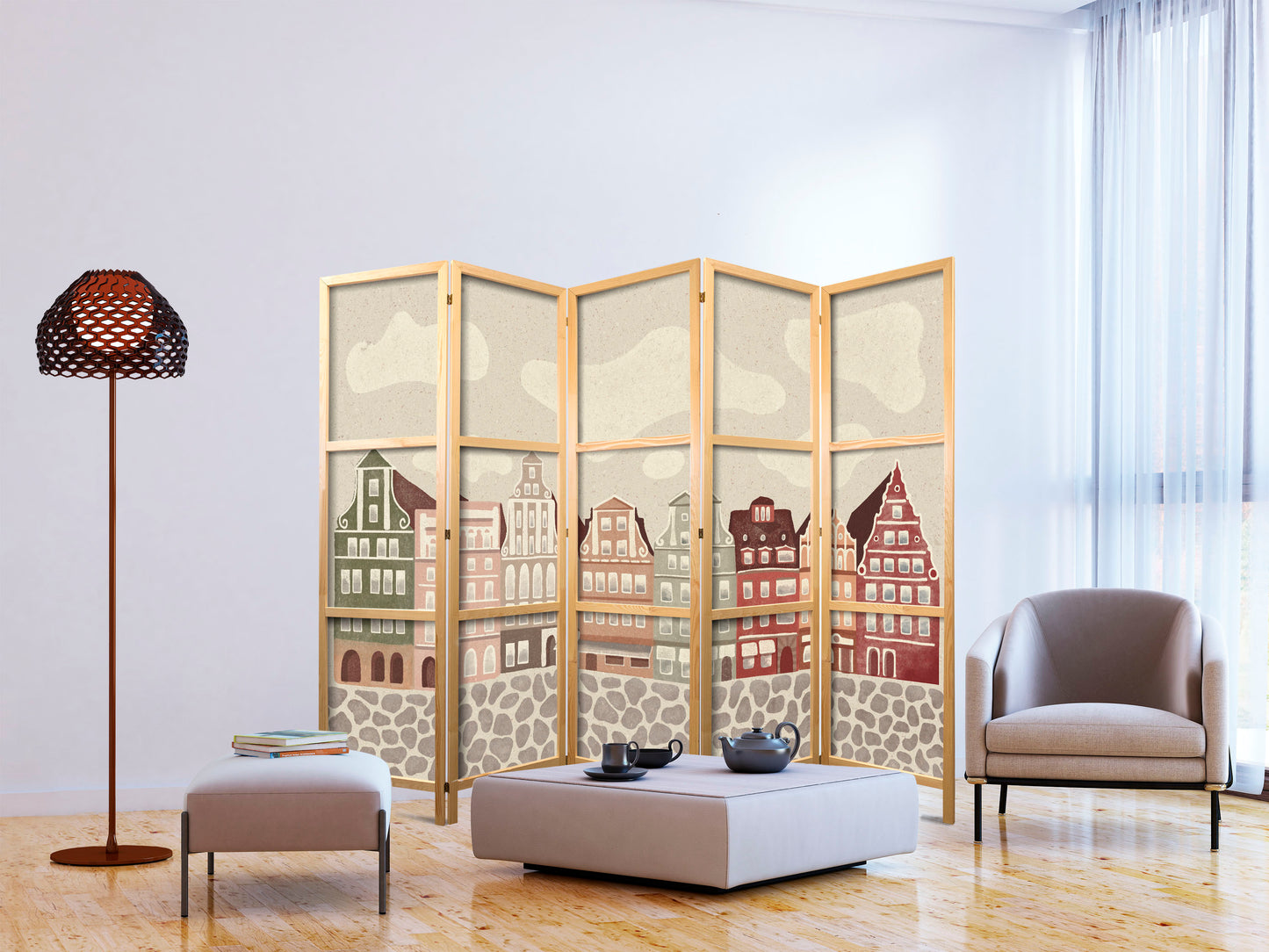Biombo japonés - Plaza Solny - Casas adosadas ilustradas con colores vivos contra un cielo con nubes.