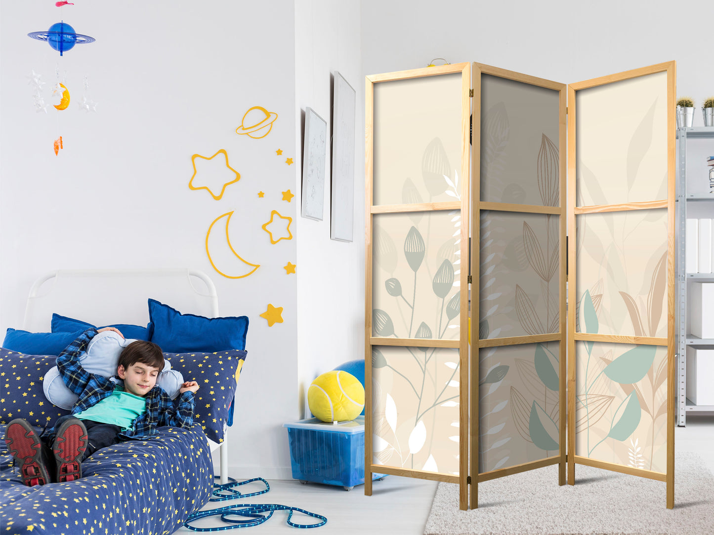 Japanese Room Divider - Morning in the Meadow - Various pastel plants on a beige background.