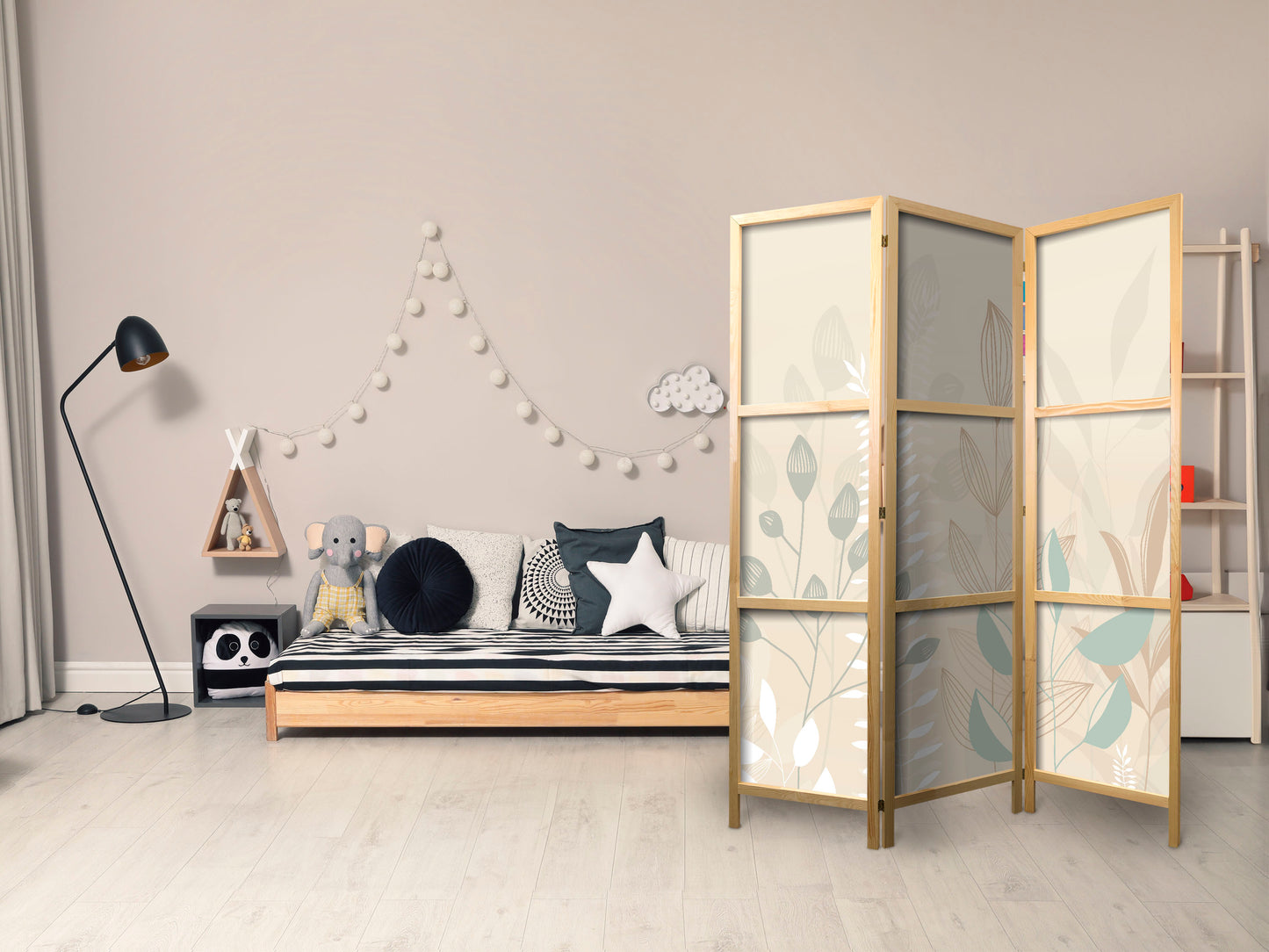 Japanese Room Divider - Morning in the Meadow - Various pastel plants on a beige background.