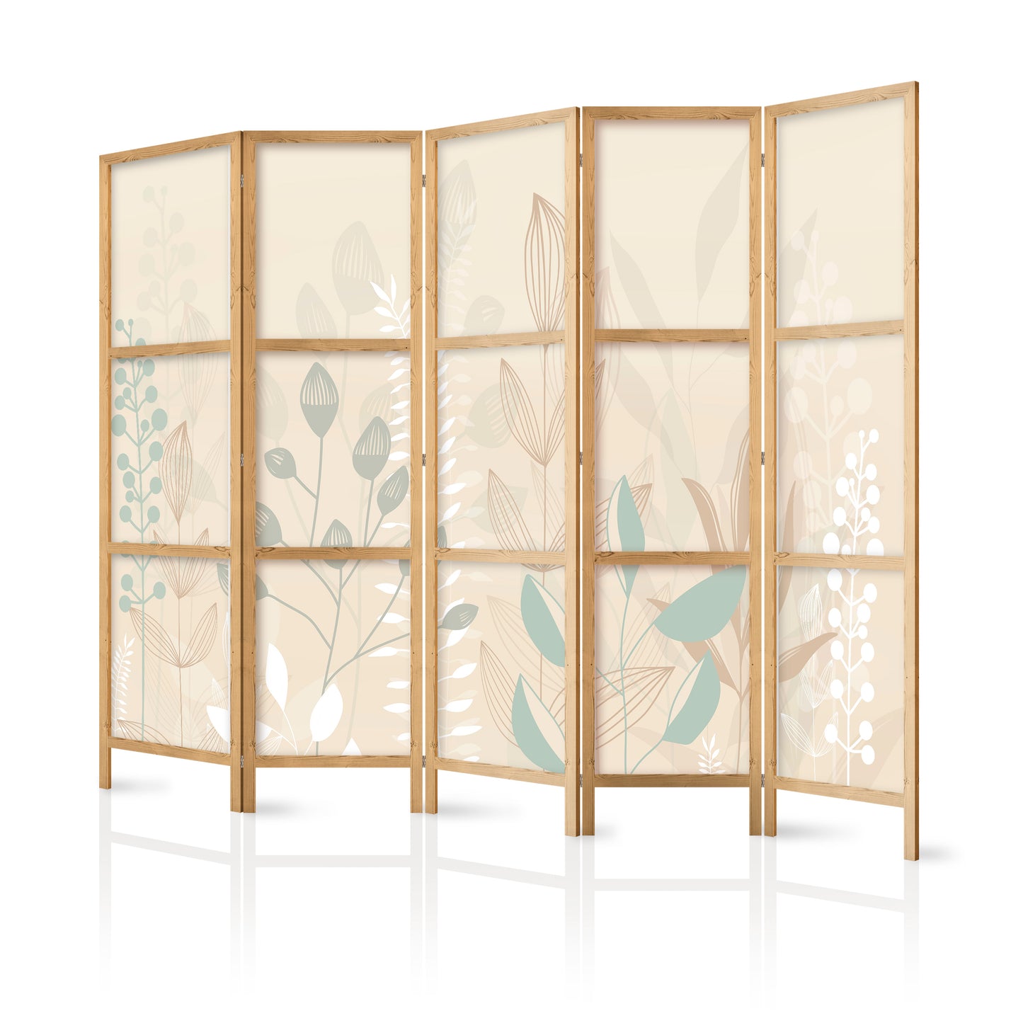 Japanese Room Divider - Morning in the Meadow - Various pastel plants on a beige background.