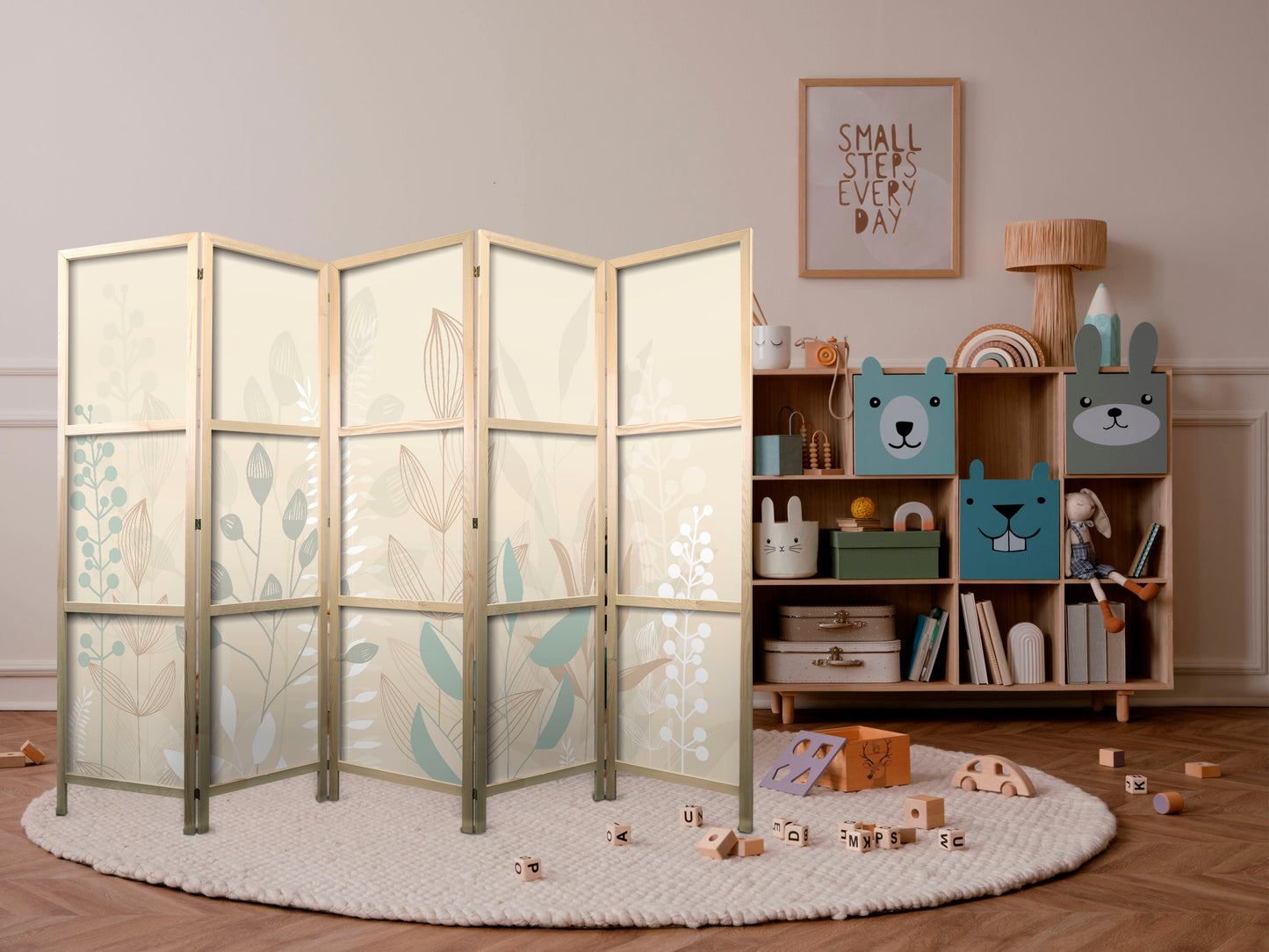 Japanese Room Divider - Morning in the Meadow - Various pastel plants on a beige background.