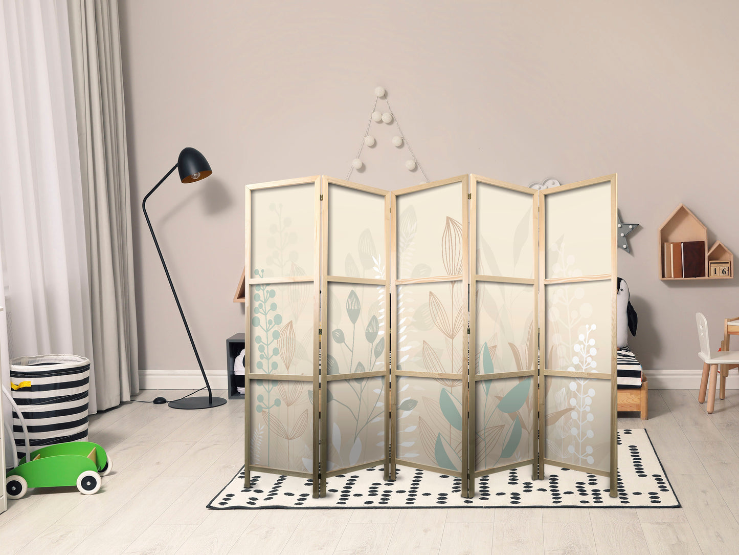 Japanese Room Divider - Morning in the Meadow - Various pastel plants on a beige background.