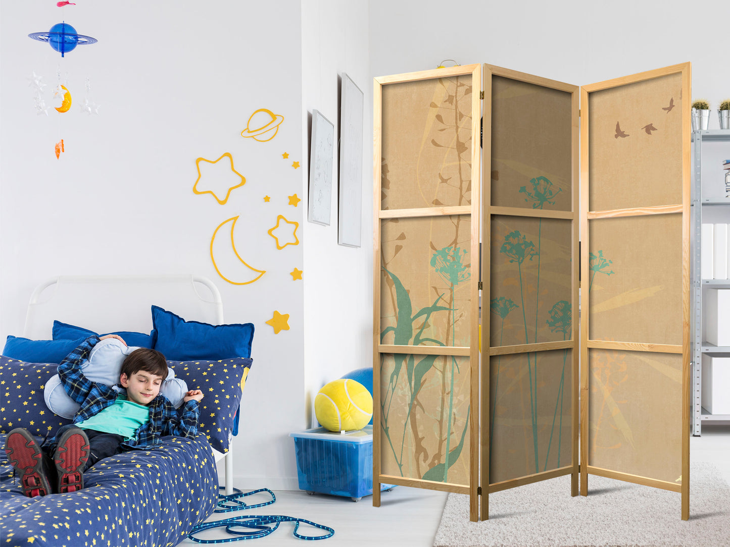 Japanese Room Divider - Tiny Bird - Colorful grasses in golden shades of sunset.
