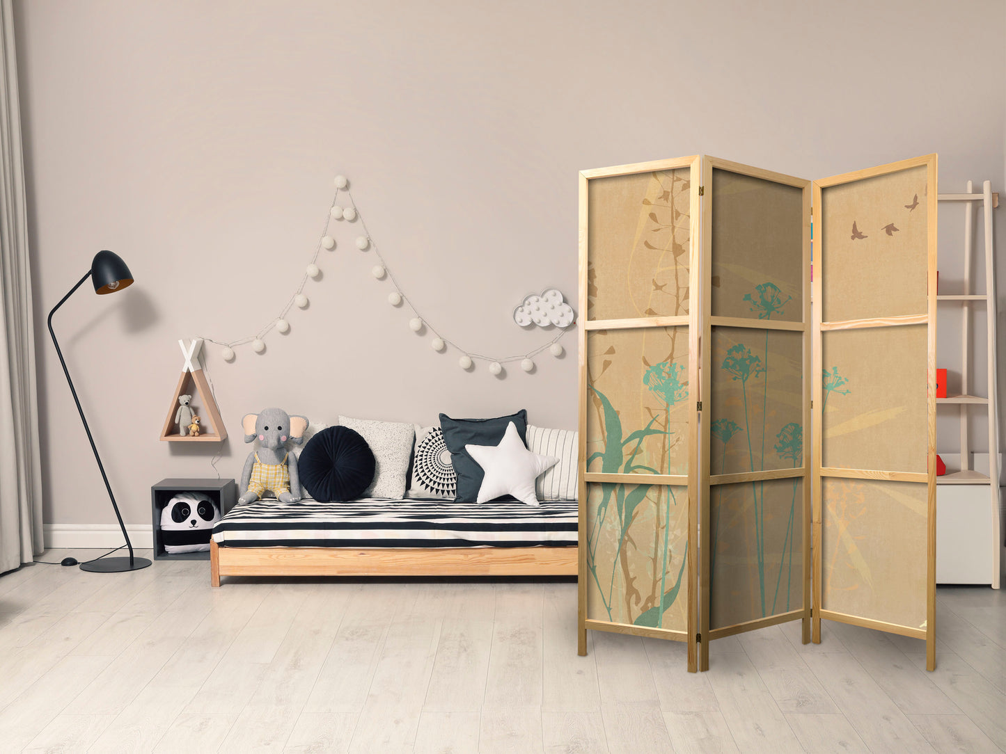 Japanese Room Divider - Tiny Bird - Colorful grasses in golden shades of sunset.
