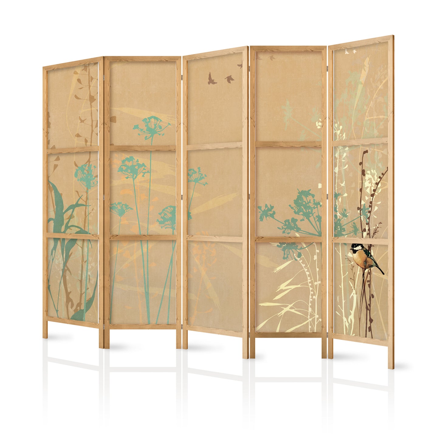 Japanese Room Divider - Tiny Bird - Colorful grasses in golden shades of sunset.