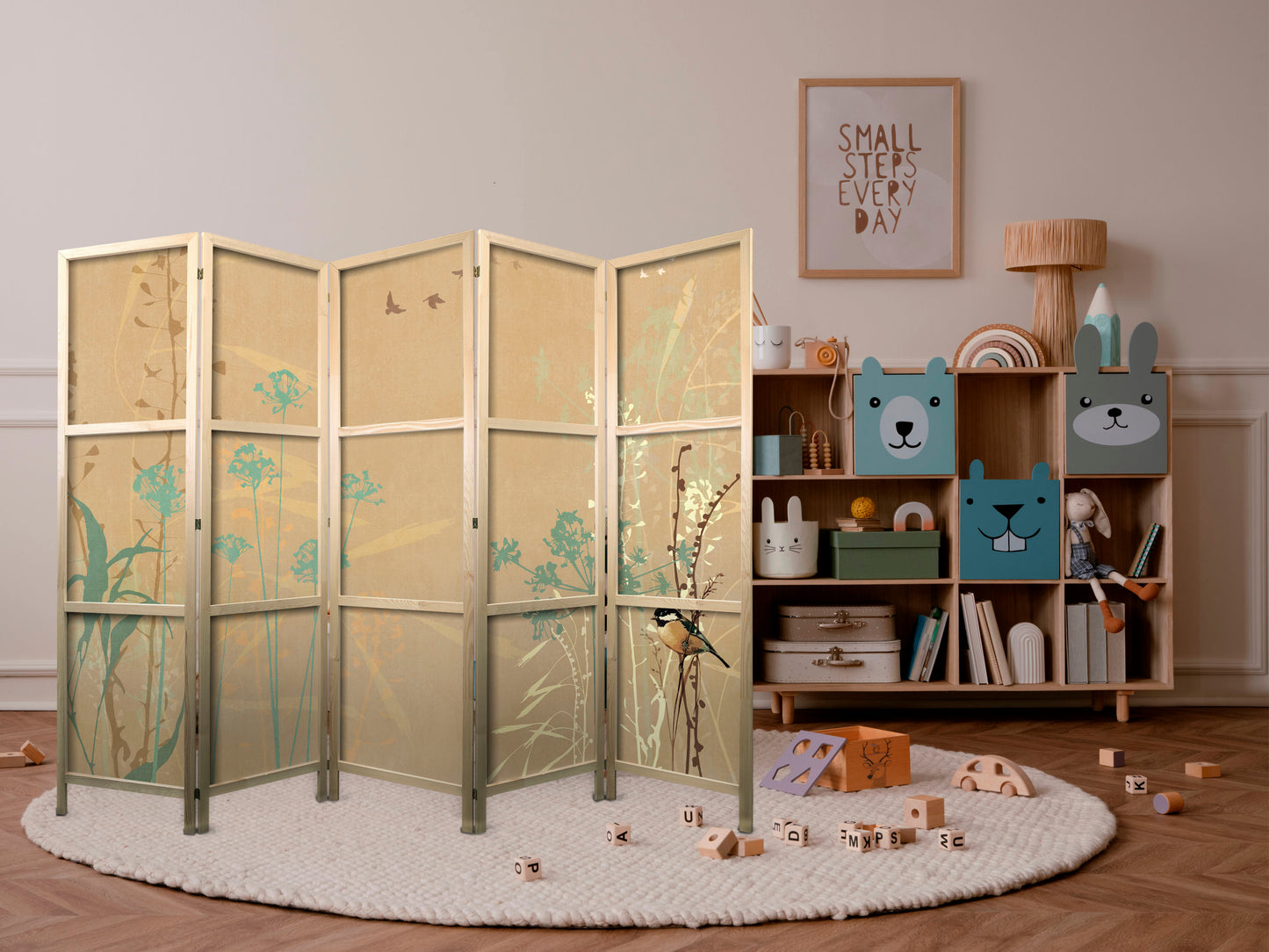 Japanese Room Divider - Tiny Bird - Colorful grasses in golden shades of sunset.