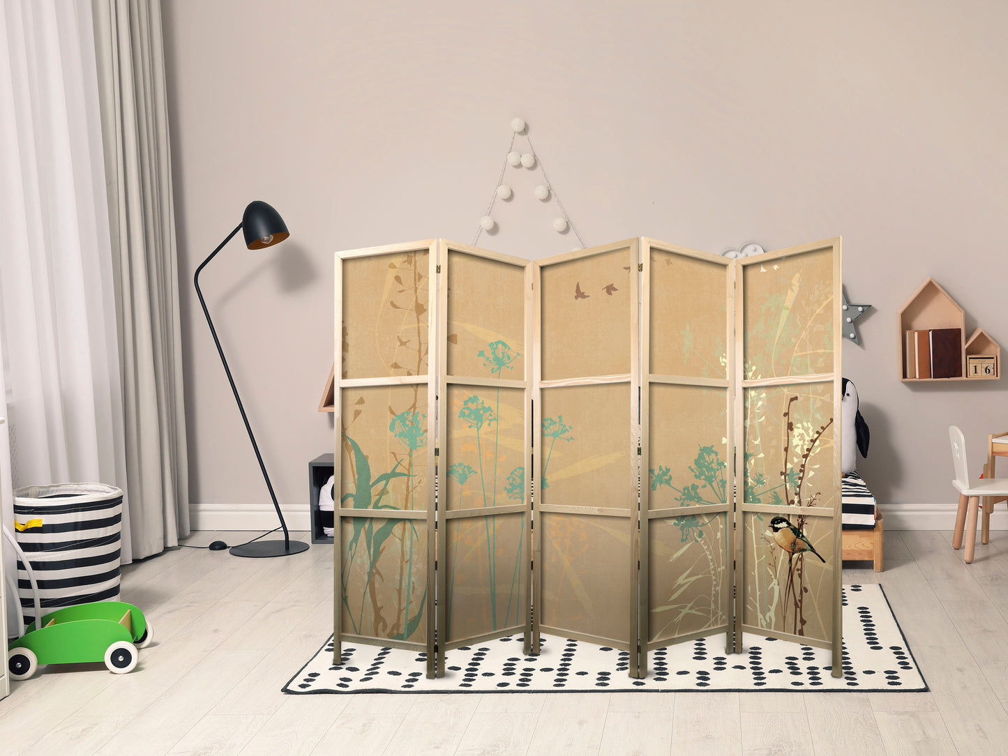 Japanese Room Divider - Tiny Bird - Colorful grasses in golden shades of sunset.