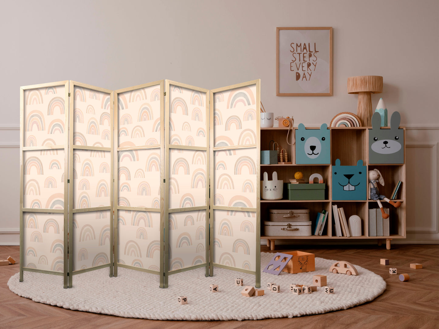 Japanese Room Divider - August Sky - Rainbows of Various Sizes in Muted Colors.
